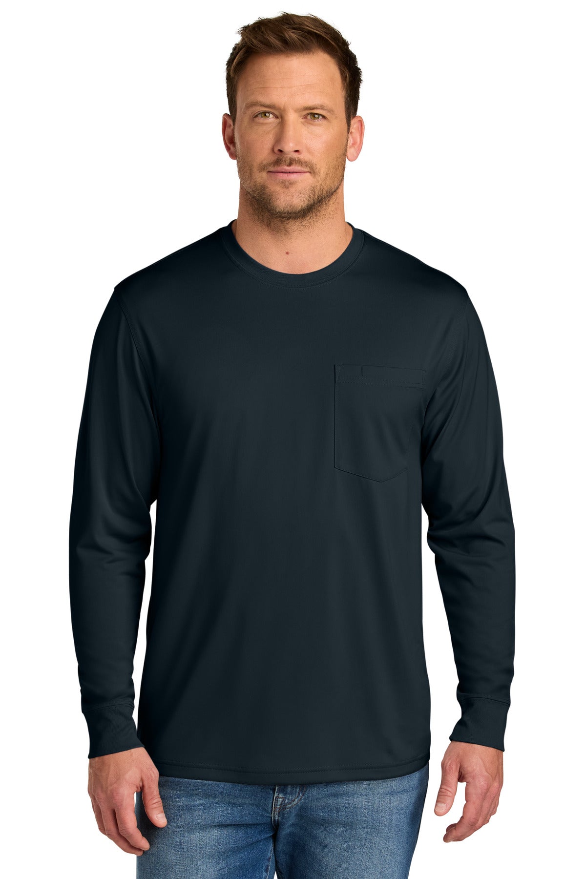 Custom Navy Workwear Pro Long Sleeve Pocket Tee CS440LSP, personalized by SanCanDo Swag in Argyle, TX