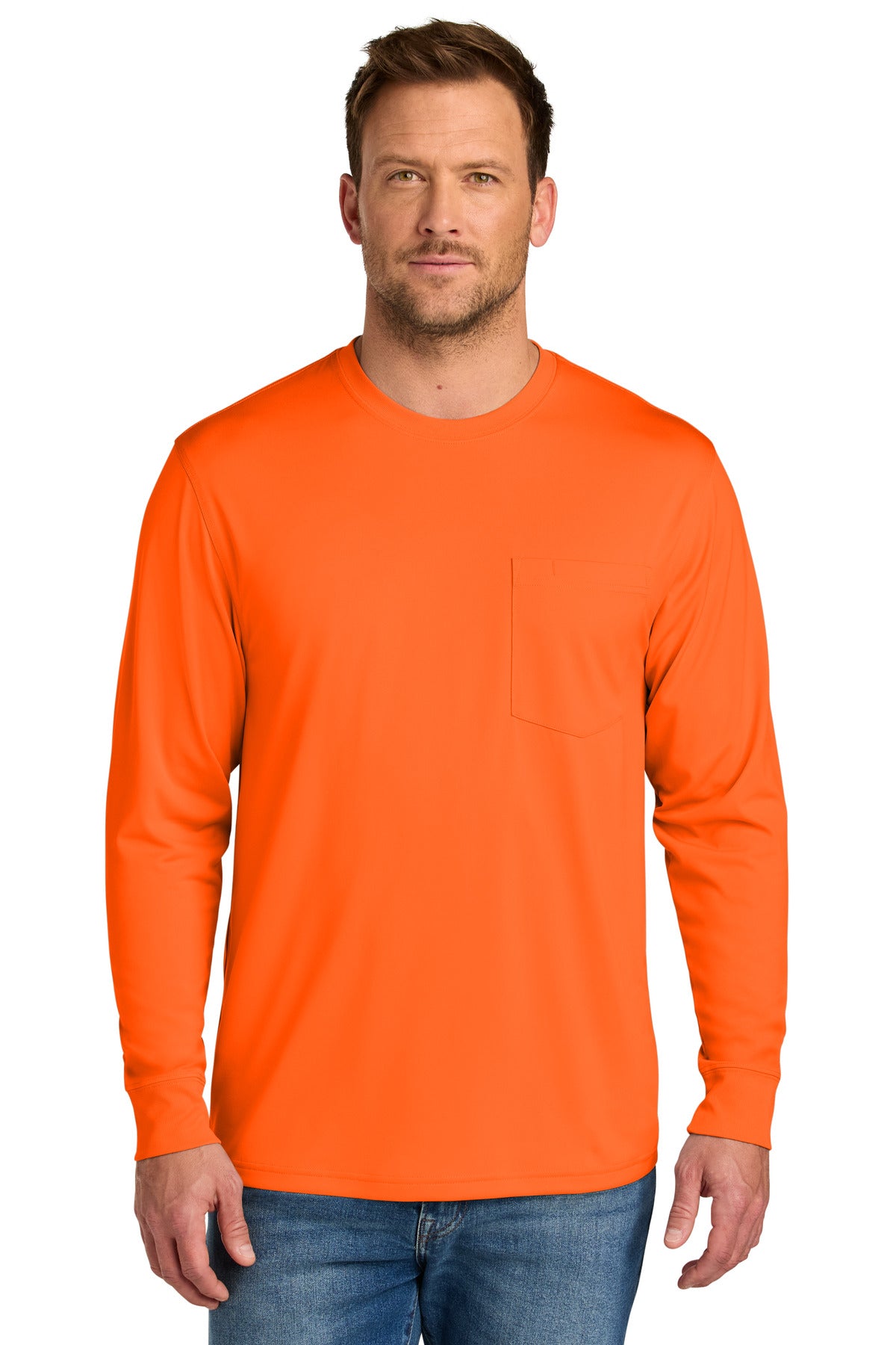 Custom Safety Orange Workwear Pro Long Sleeve Pocket Tee CS440LSP, personalized by SanCanDo Swag in Argyle, TX