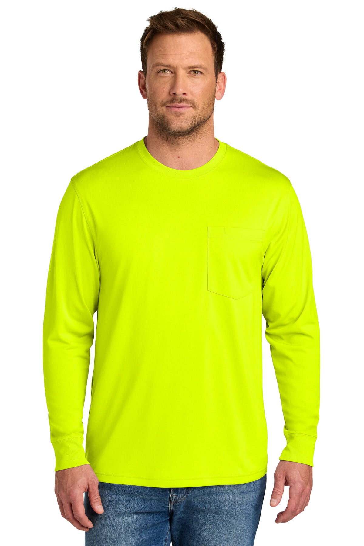 Custom Safety Yellow Workwear Pro Long Sleeve Pocket Tee CS440LSP, personalized by SanCanDo Swag in Argyle, TX