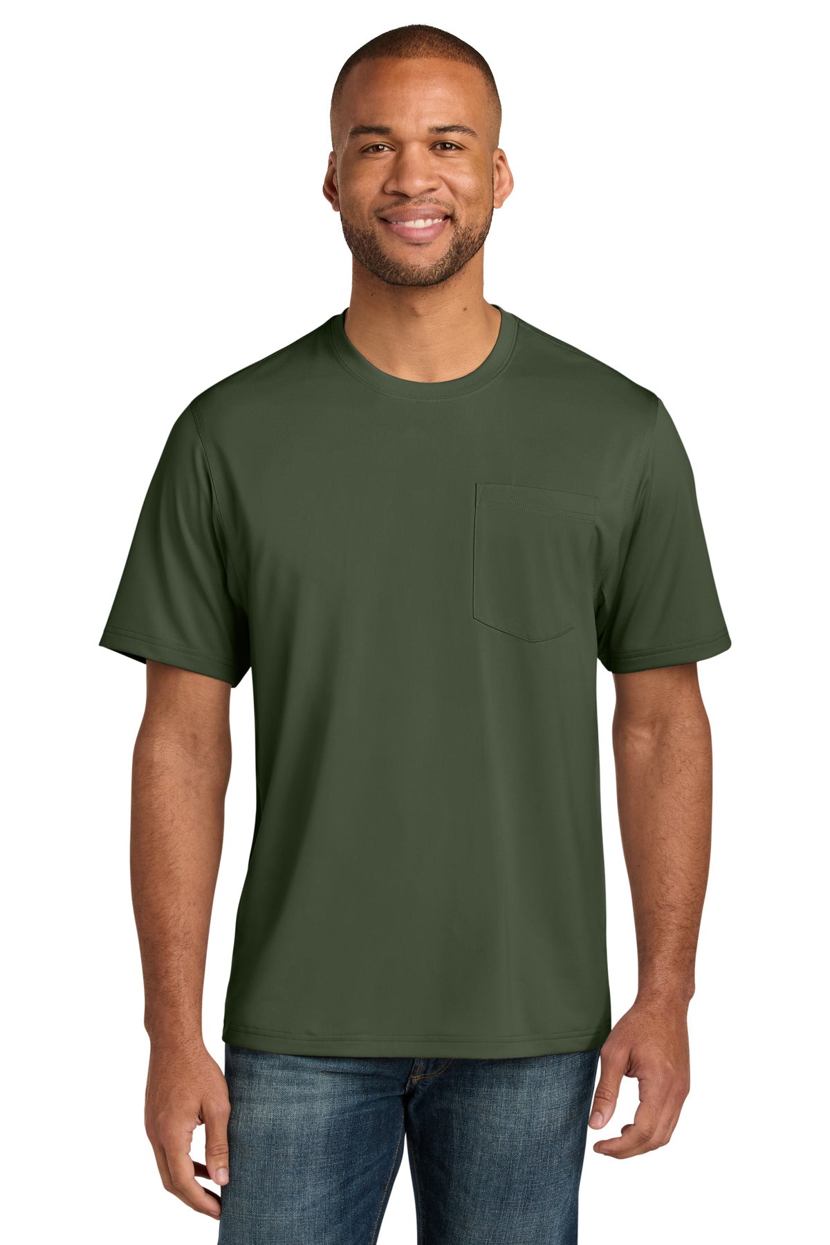 Custom Tactical Green Workwear Pro Short Sleeve Pocket Tee CS440P, personalized by SanCanDo Swag in Argyle, TX