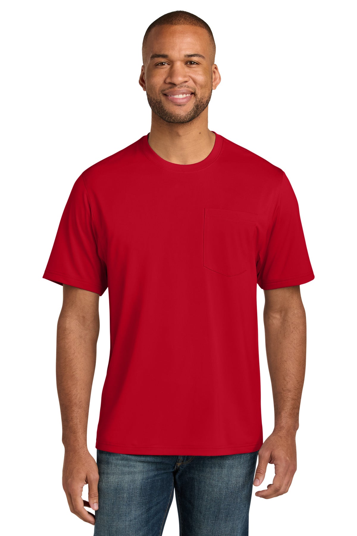 Custom Red Workwear Pro Short Sleeve Pocket Tee CS440P, personalized by SanCanDo Swag in Argyle, TX