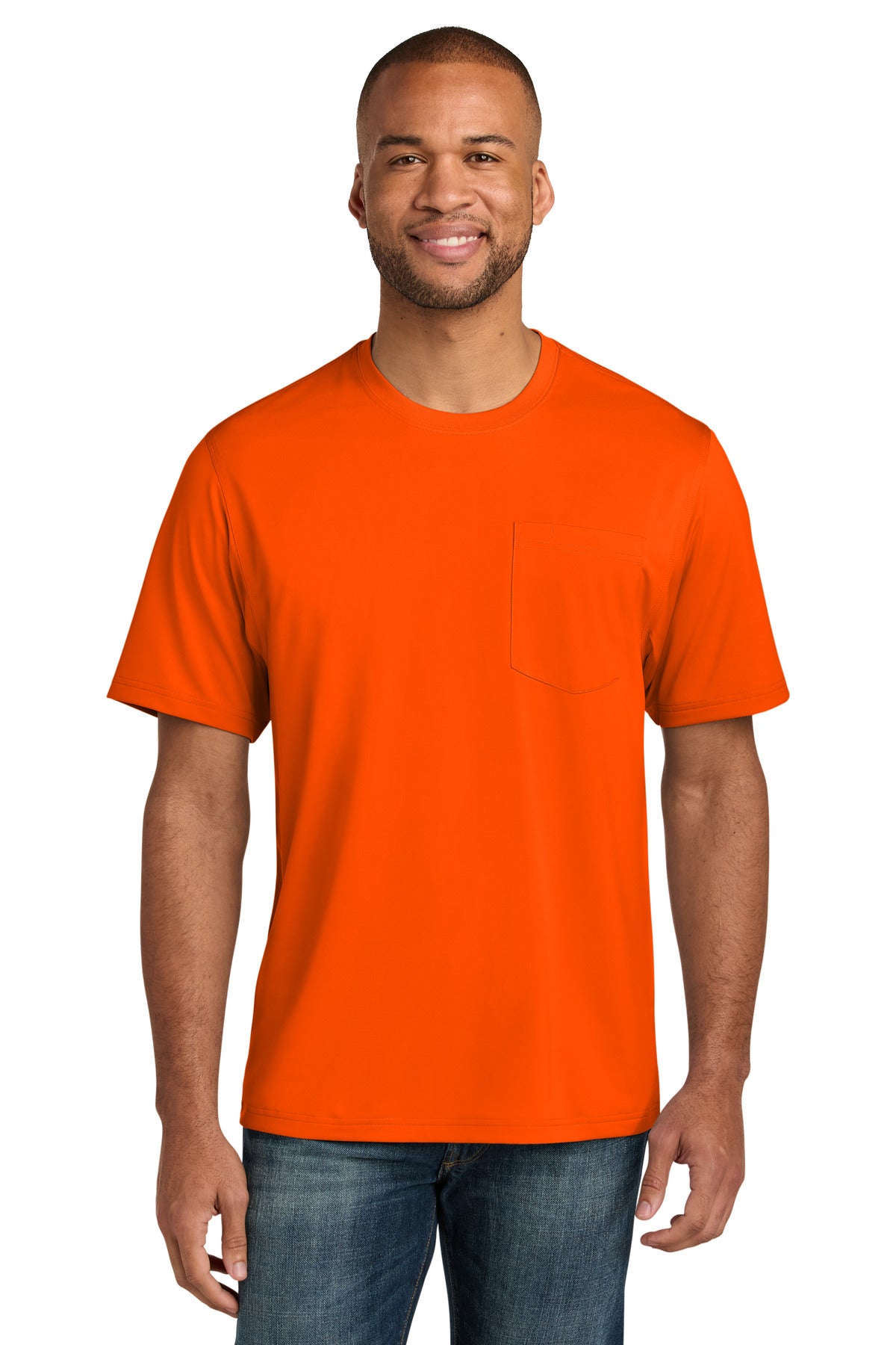 Custom Safety Orange Workwear Pro Short Sleeve Pocket Tee CS440P, personalized by SanCanDo Swag in Argyle, TX
