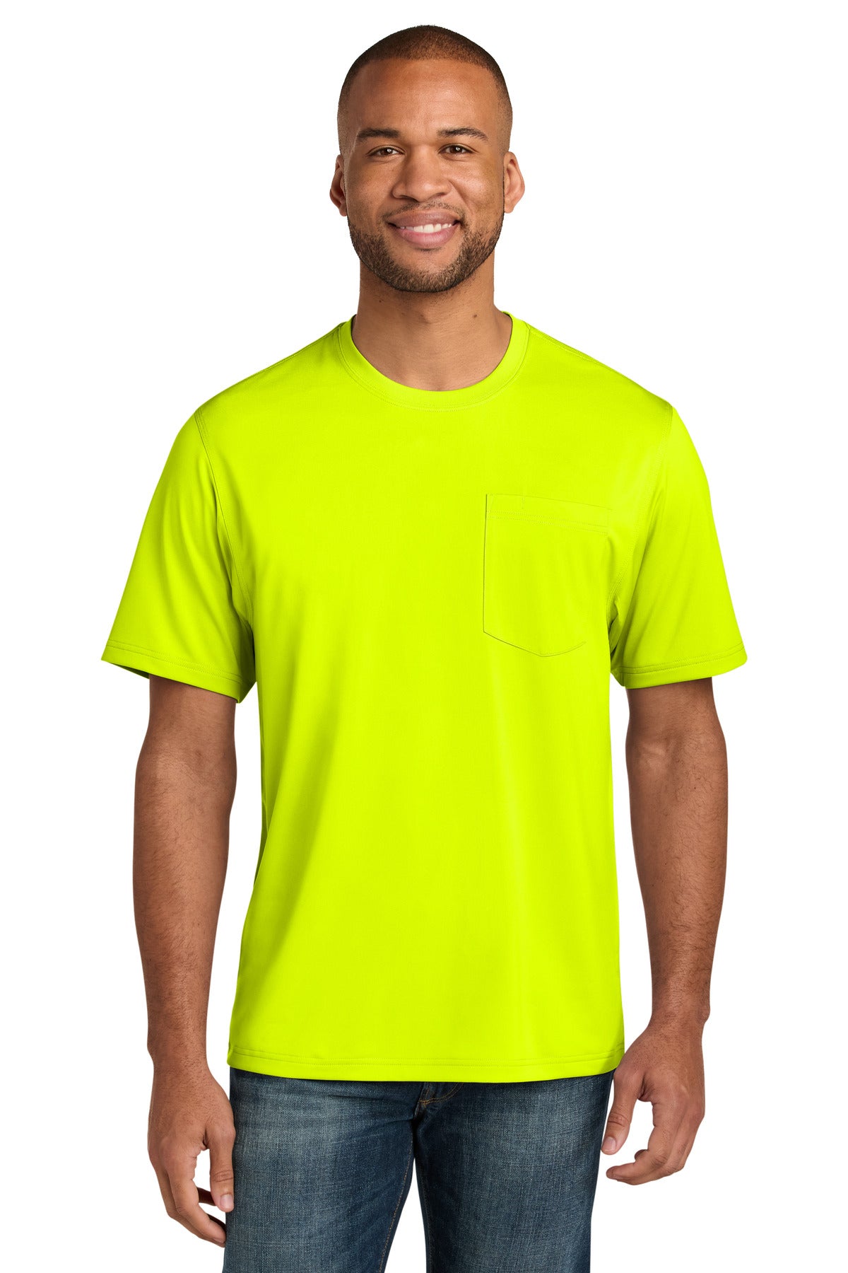 Custom Safety Yellow Workwear Pro Short Sleeve Pocket Tee CS440P, personalized by SanCanDo Swag in Argyle, TX