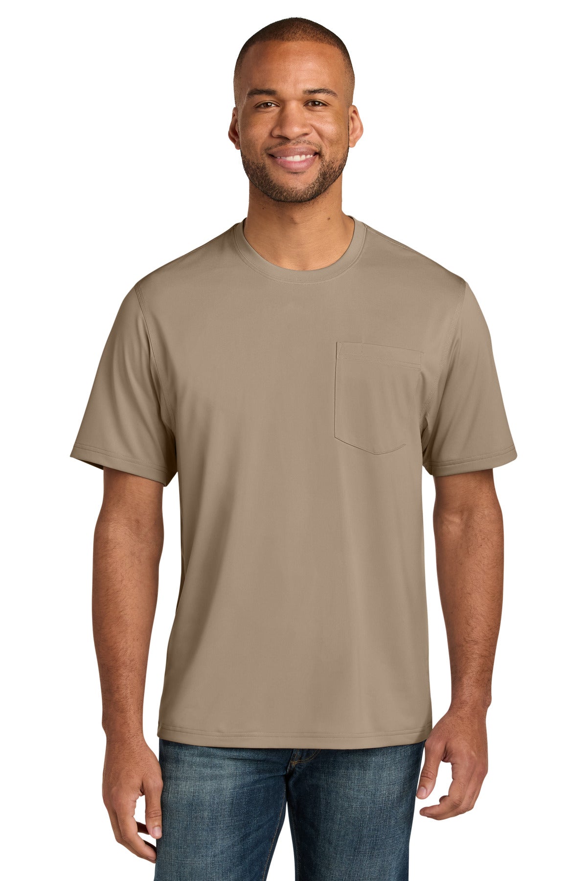 Custom Silver Tan Workwear Pro Short Sleeve Pocket Tee CS440P, personalized by SanCanDo Swag in Argyle, TX