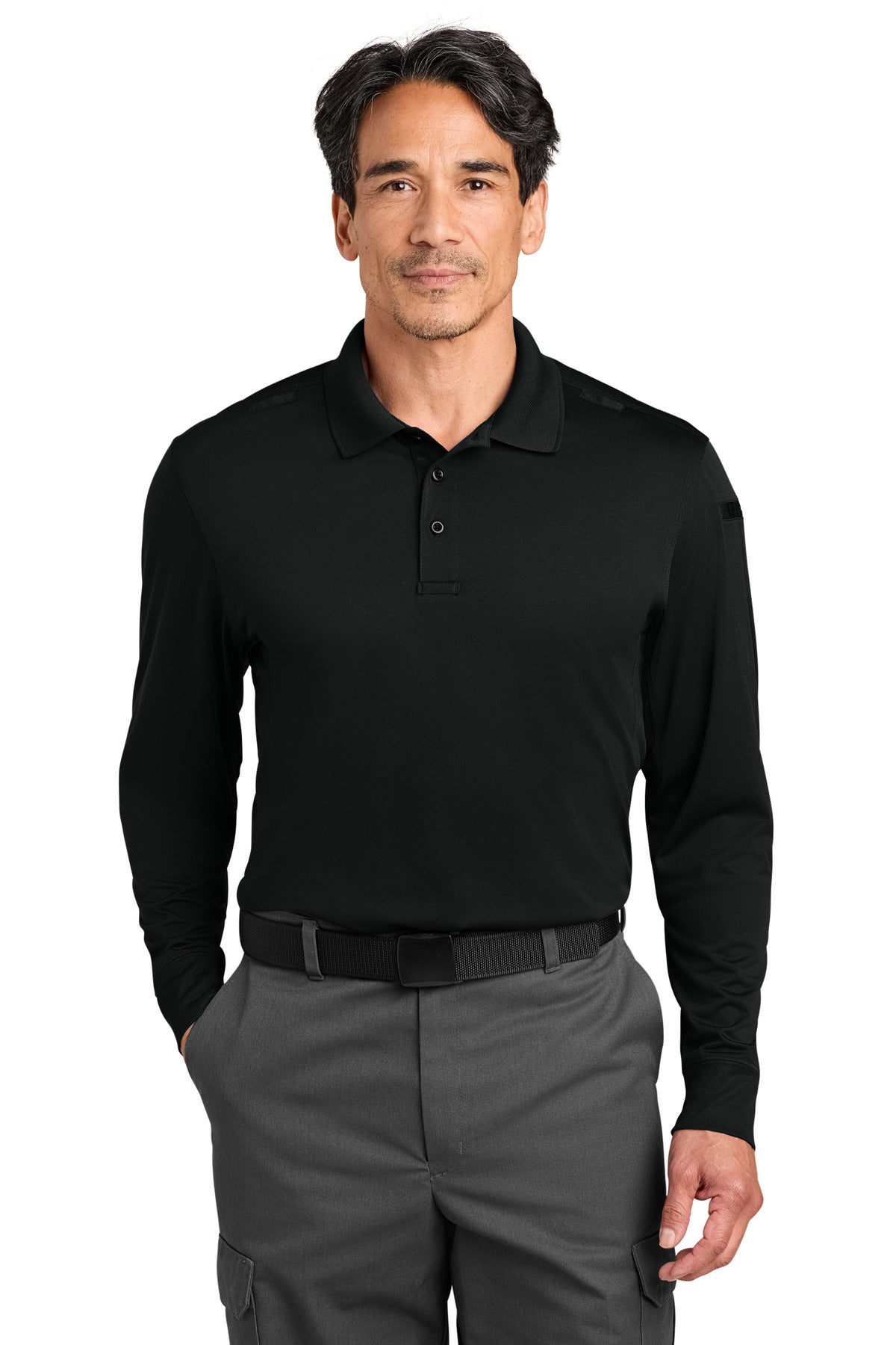 Custom Black Workwear Pro Tactical Long Sleeve Polo CS452LS, personalized by SanCanDo Swag in Argyle, TX