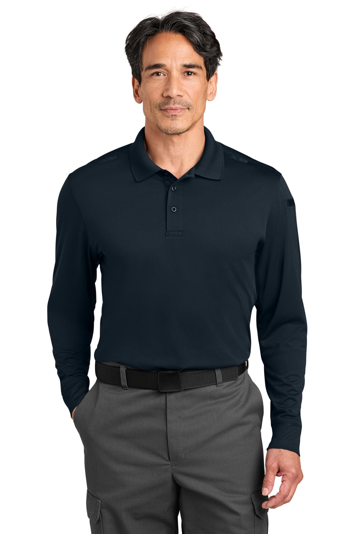 Custom Dark Navy Workwear Pro Tactical Long Sleeve Polo CS452LS, personalized by SanCanDo Swag in Argyle, TX
