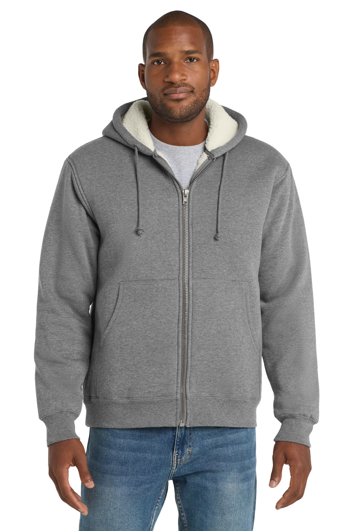 Custom Grey Sherpa-Lined Hooded Fleece Jacket CS625, personalized by SanCanDo Swag in Argyle, TX