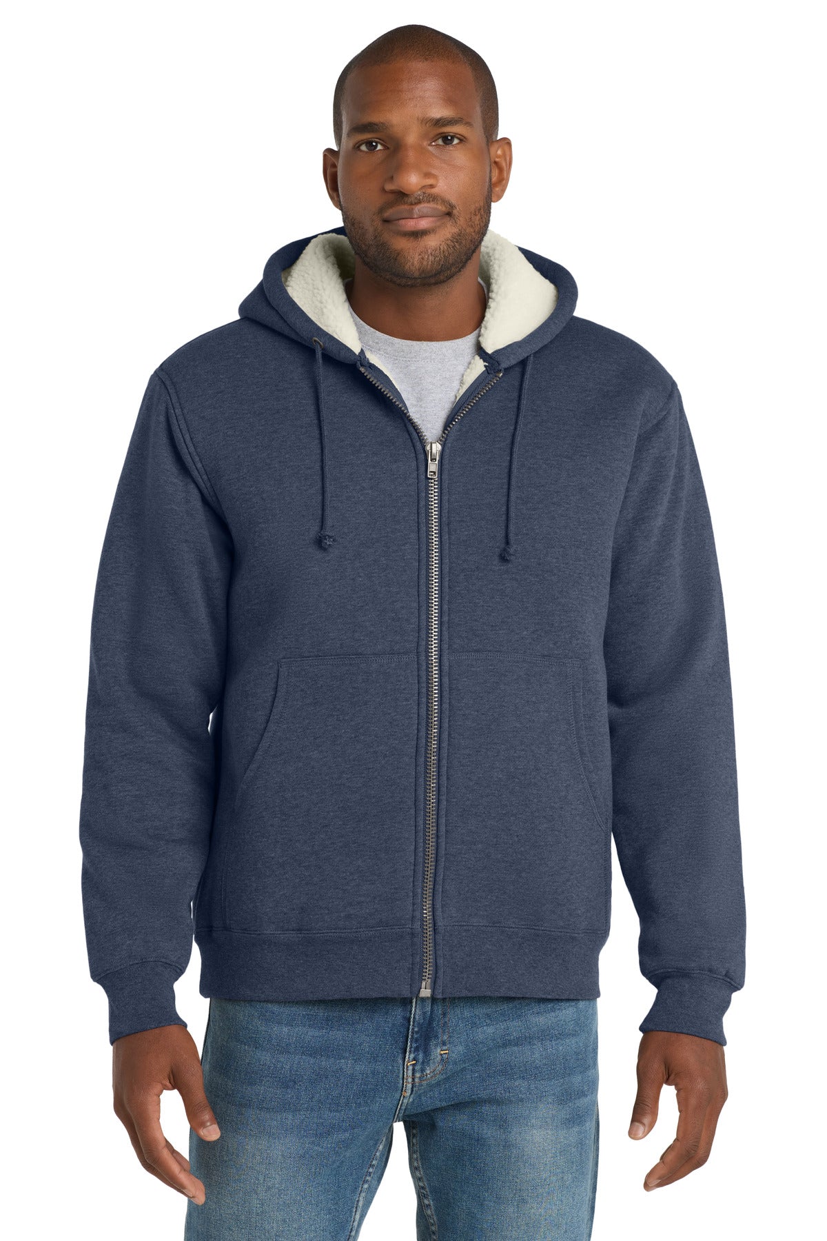 Custom Navy Sherpa-Lined Hooded Fleece Jacket CS625, personalized by SanCanDo Swag in Argyle, TX