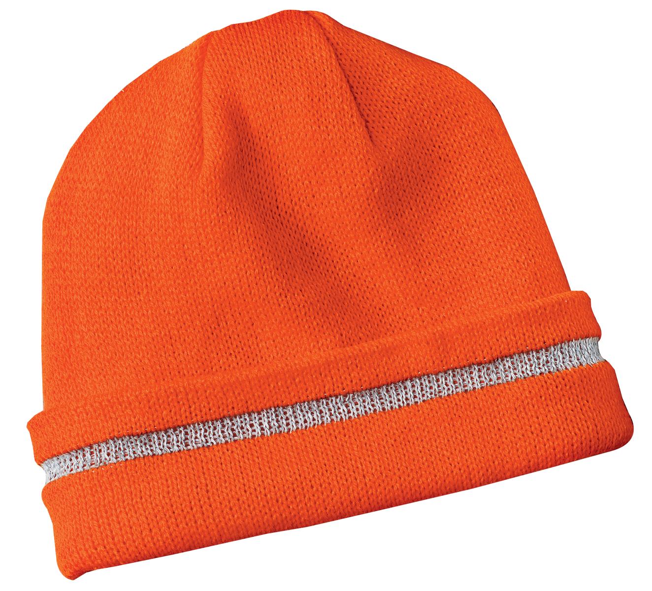 Custom Safety Orange/ Reflective Beanie with Reflective Stripe CS800, personalized by SanCanDo Swag in Argyle, TX