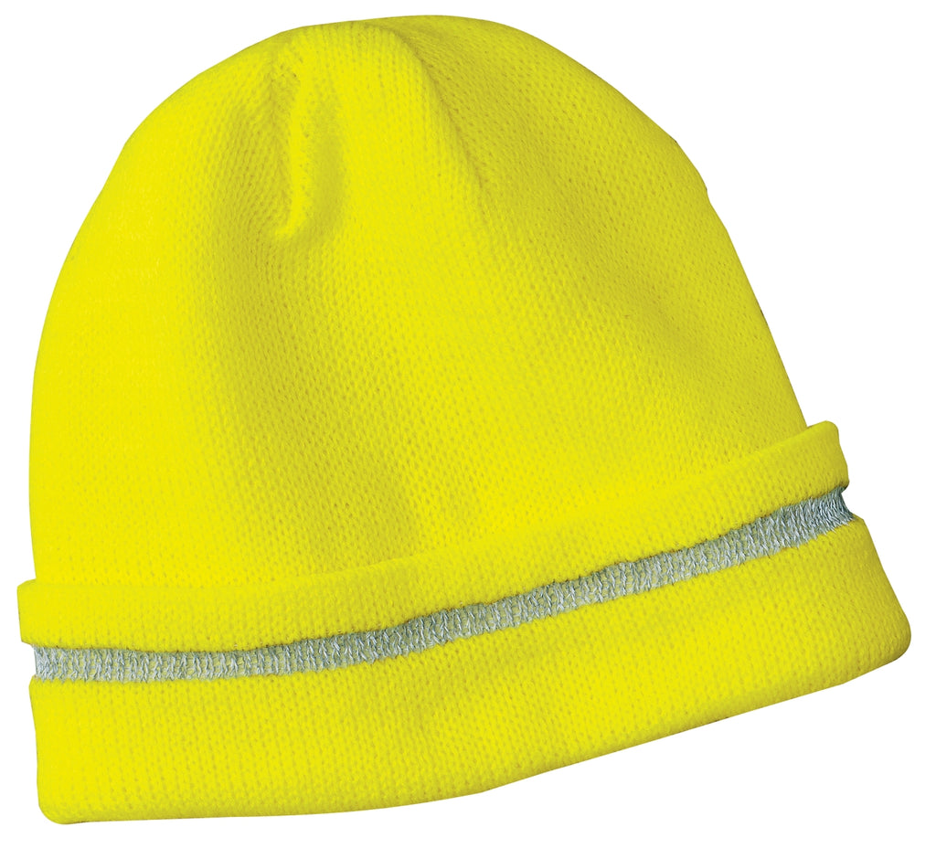 Custom Safety Yellow/ Reflective Beanie with Reflective Stripe CS800, personalized by SanCanDo Swag in Argyle, TX