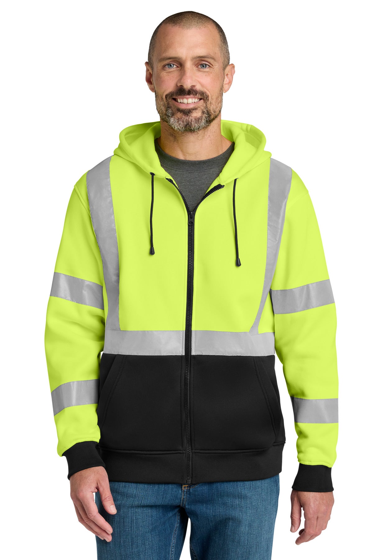 Custom Safety Yellow Heavy-Duty Fleece Full-Zip Hoodie CSF300, personalized by SanCanDo Swag in Argyle, TX