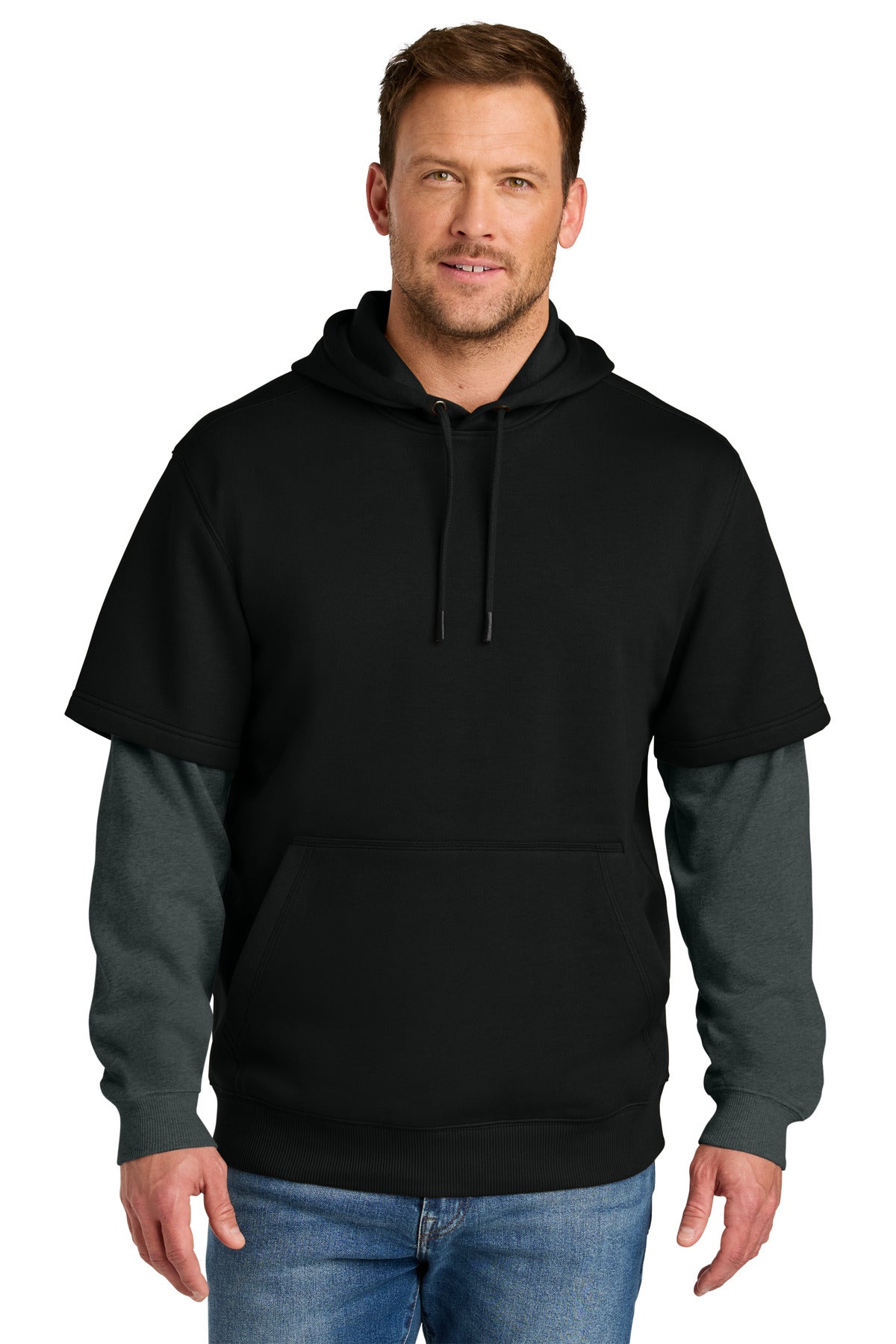 Custom Black/ Charcoal Heather Tough Fleece Layered Hoodie CSF632, personalized by SanCanDo Swag in Argyle, TX