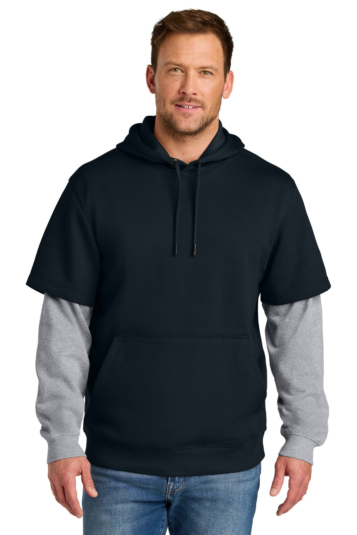 Custom Navy/ Heather Grey Tough Fleece Layered Hoodie CSF632, personalized by SanCanDo Swag in Argyle, TX