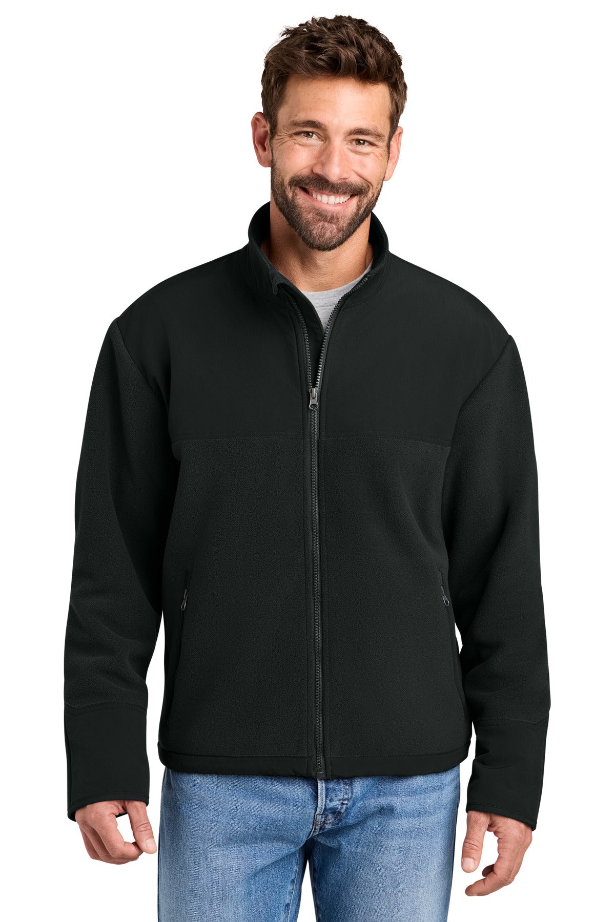 Custom Black Fleece Overlay Jacket CSF750, personalized by SanCanDo Swag in Argyle, TX