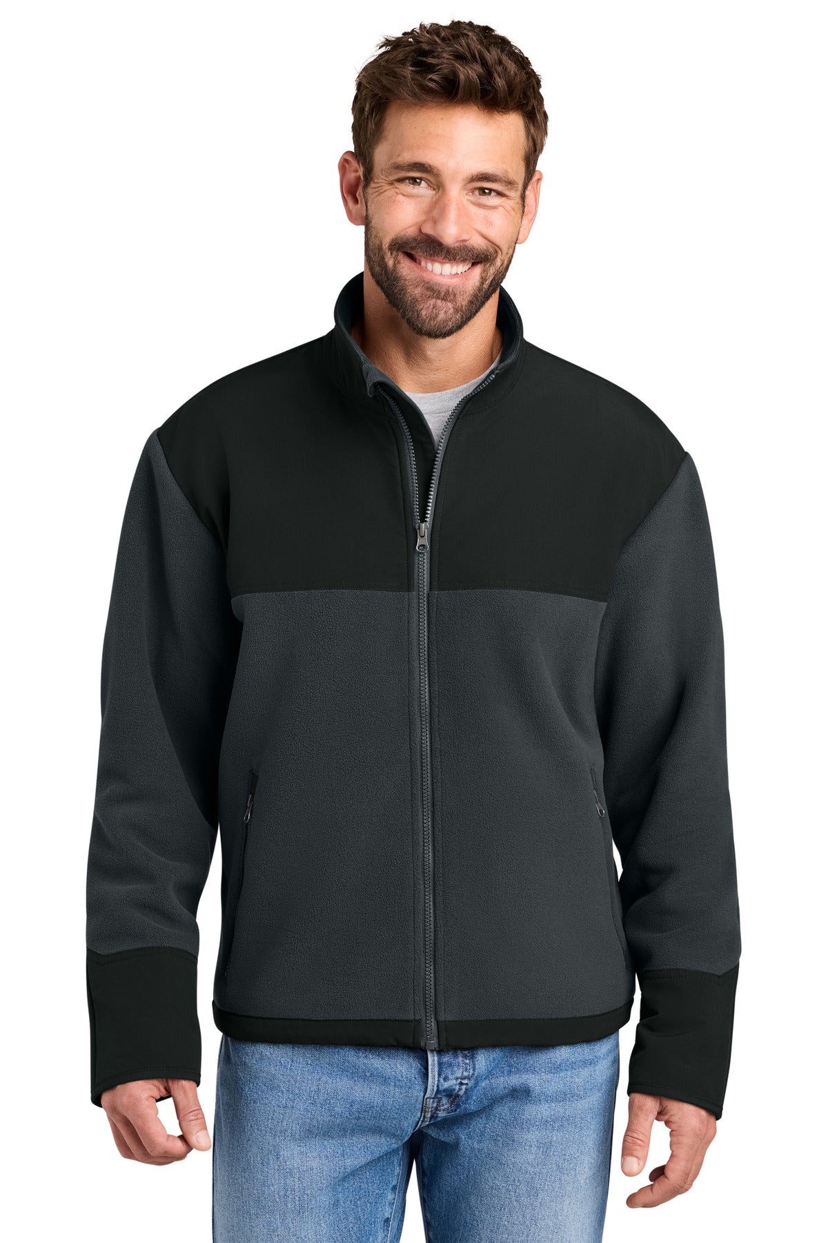 Custom Charcoal/ Black Fleece Overlay Jacket CSF750, personalized by SanCanDo Swag in Argyle, TX
