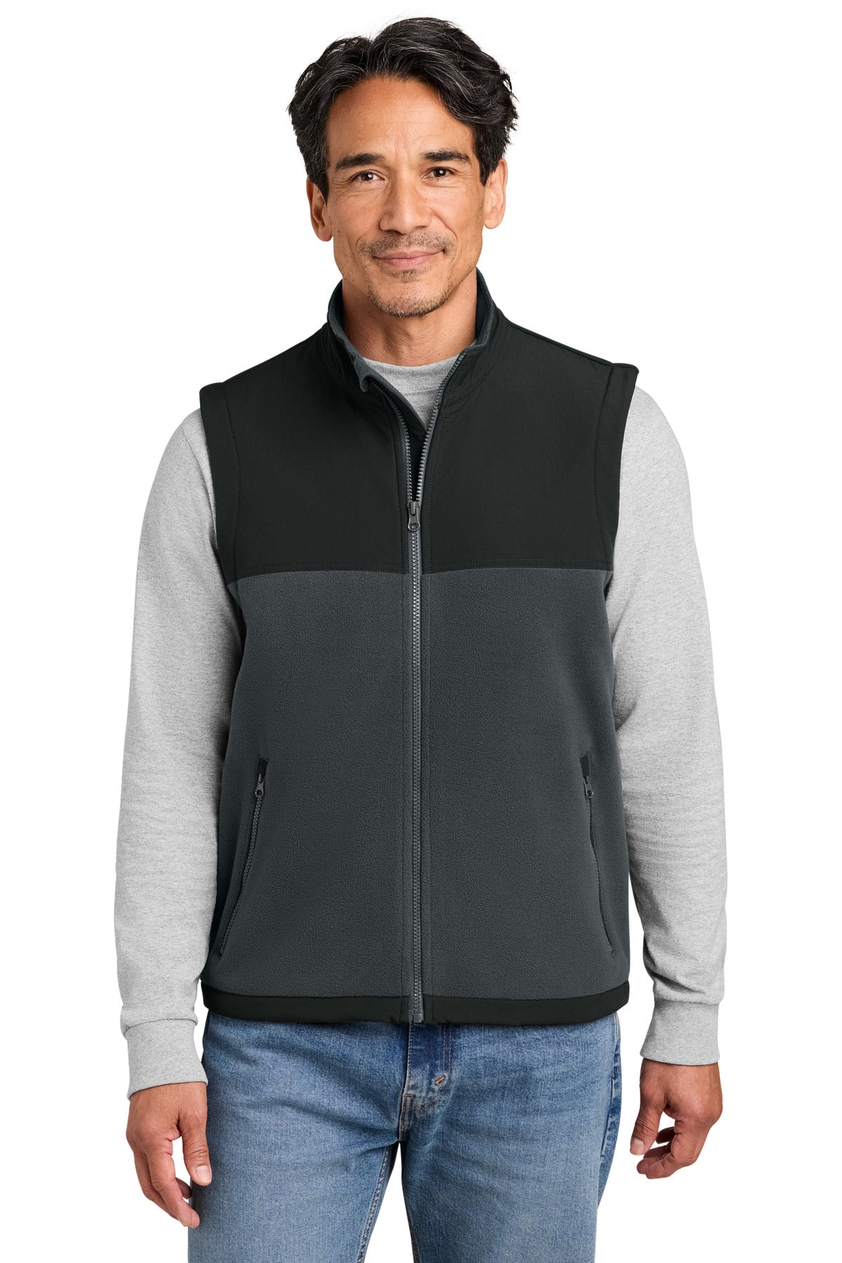 Custom Charcoal/ Black Fleece Overlay Vest CSF751, personalized by SanCanDo Swag in Argyle, TX