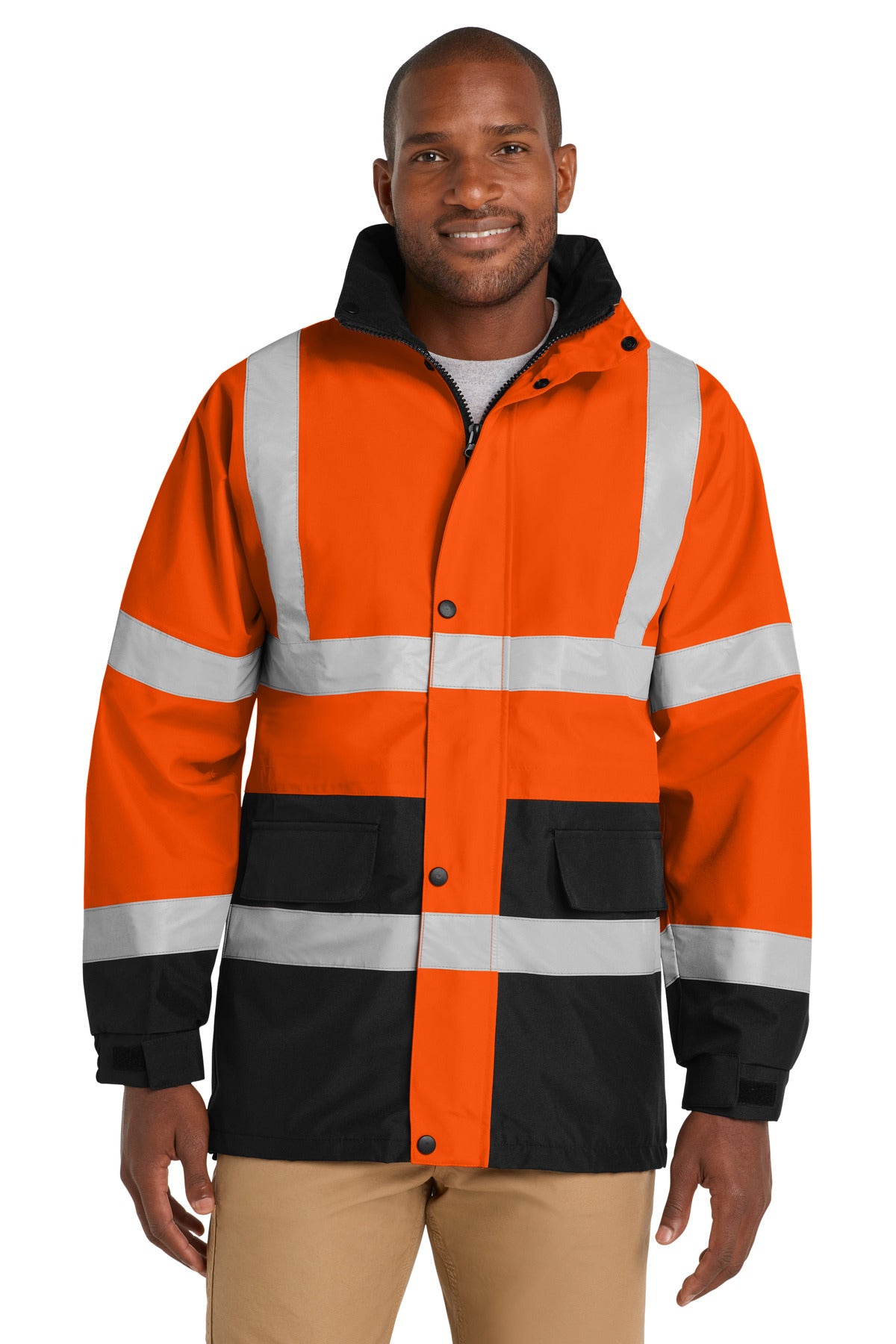 Custom Safety Orange/ Black ANSI 107 Class 3 Waterproof Parka CSJ24, personalized by SanCanDo Swag in Argyle, TX
