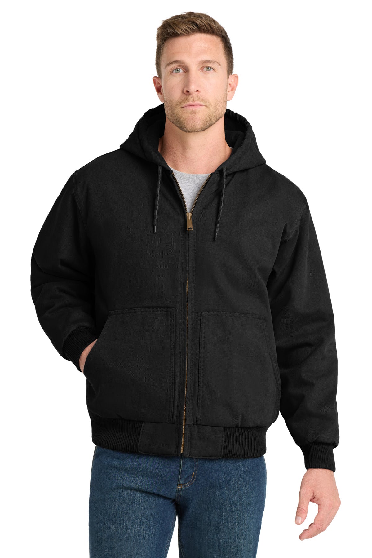 Custom Black Insulated Hooded Work Jacket CSJ41, personalized by SanCanDo Swag in Argyle, TX