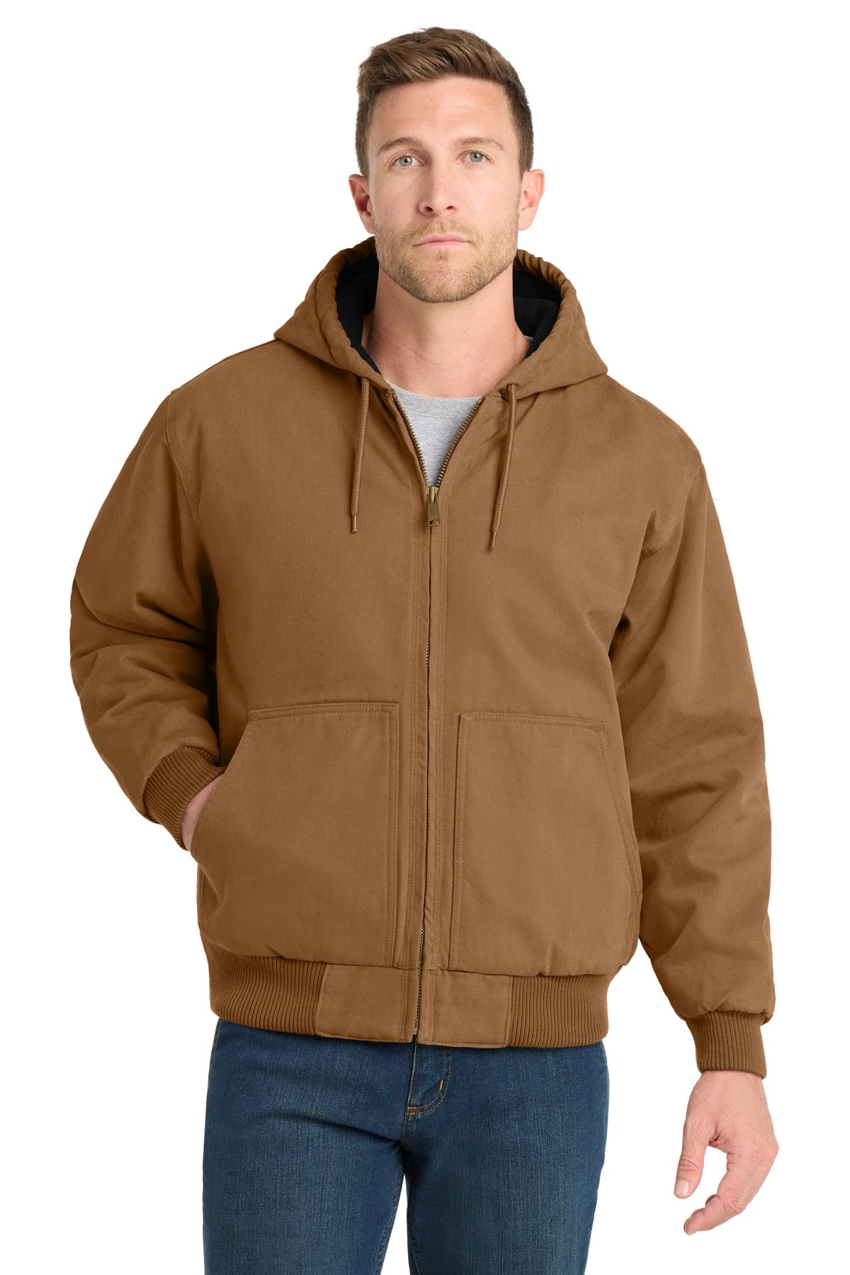 Custom Duck Brown Insulated Hooded Work Jacket CSJ41, personalized by SanCanDo Swag in Argyle, TX