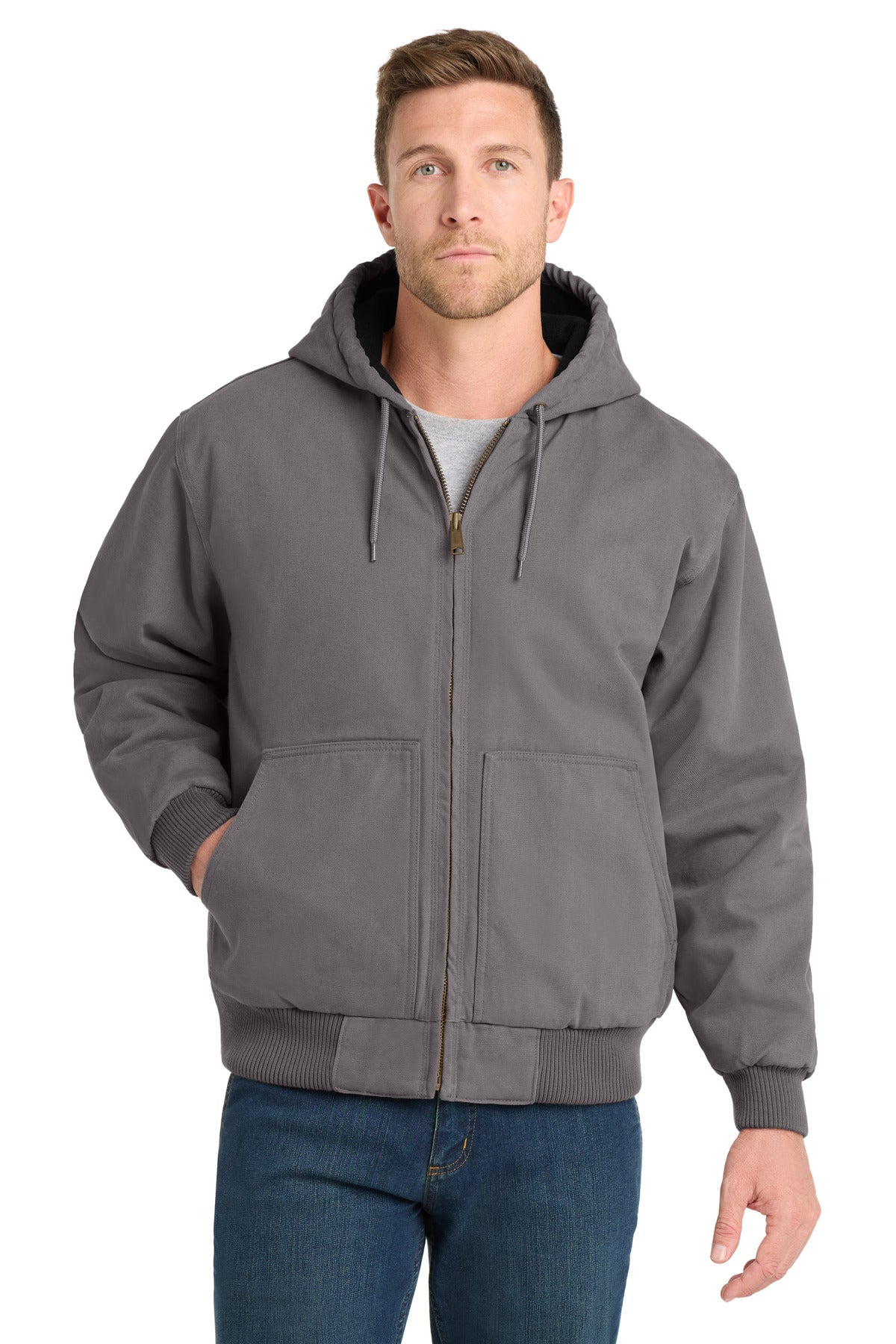 Custom Metal Grey Insulated Hooded Work Jacket CSJ41, personalized by SanCanDo Swag in Argyle, TX