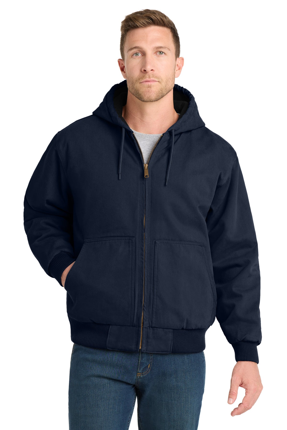 Custom Navy Insulated Hooded Work Jacket CSJ41, personalized by SanCanDo Swag in Argyle, TX