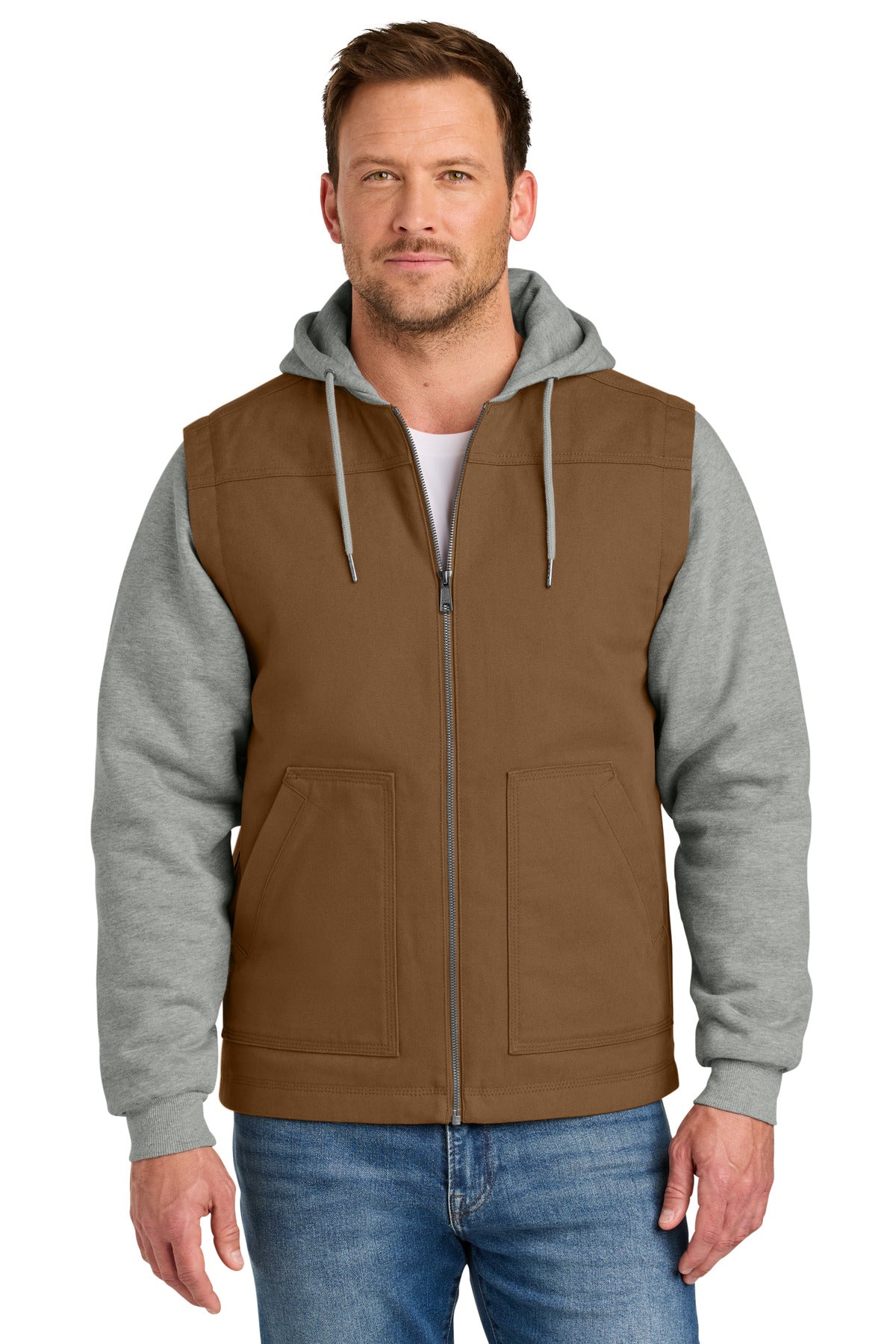 Custom Duck Brown/ Heather Grey Duck Fleece Full-Zip Hooded Jacket CSJ42, personalized by SanCanDo Swag in Argyle, TX