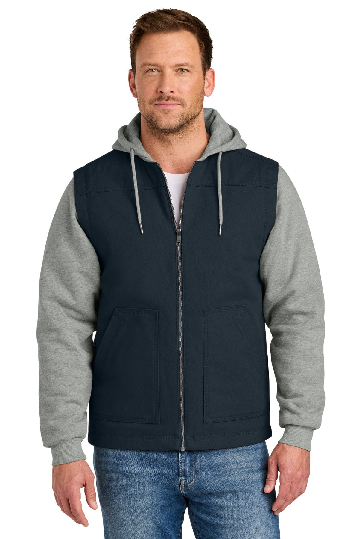 Custom Navy/ Heather Grey Duck Fleece Full-Zip Hooded Jacket CSJ42, personalized by SanCanDo Swag in Argyle, TX