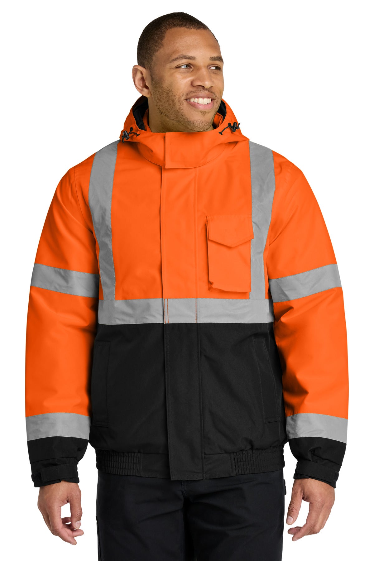 Custom Safety Orange Waterproof Insulated Bomber Jacket CSJ500, personalized by SanCanDo Swag in Argyle, TX