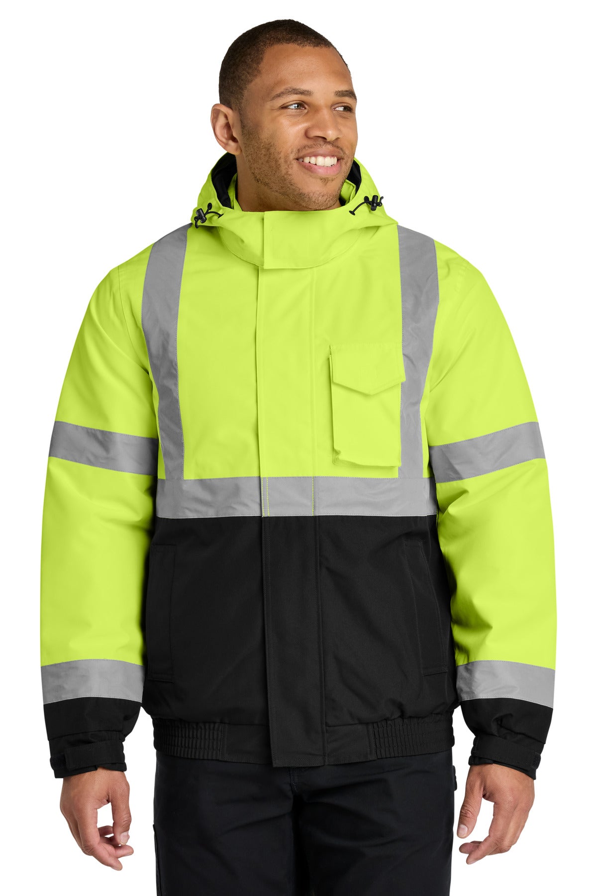 Custom Safety Yellow Waterproof Insulated Bomber Jacket CSJ500, personalized by SanCanDo Swag in Argyle, TX