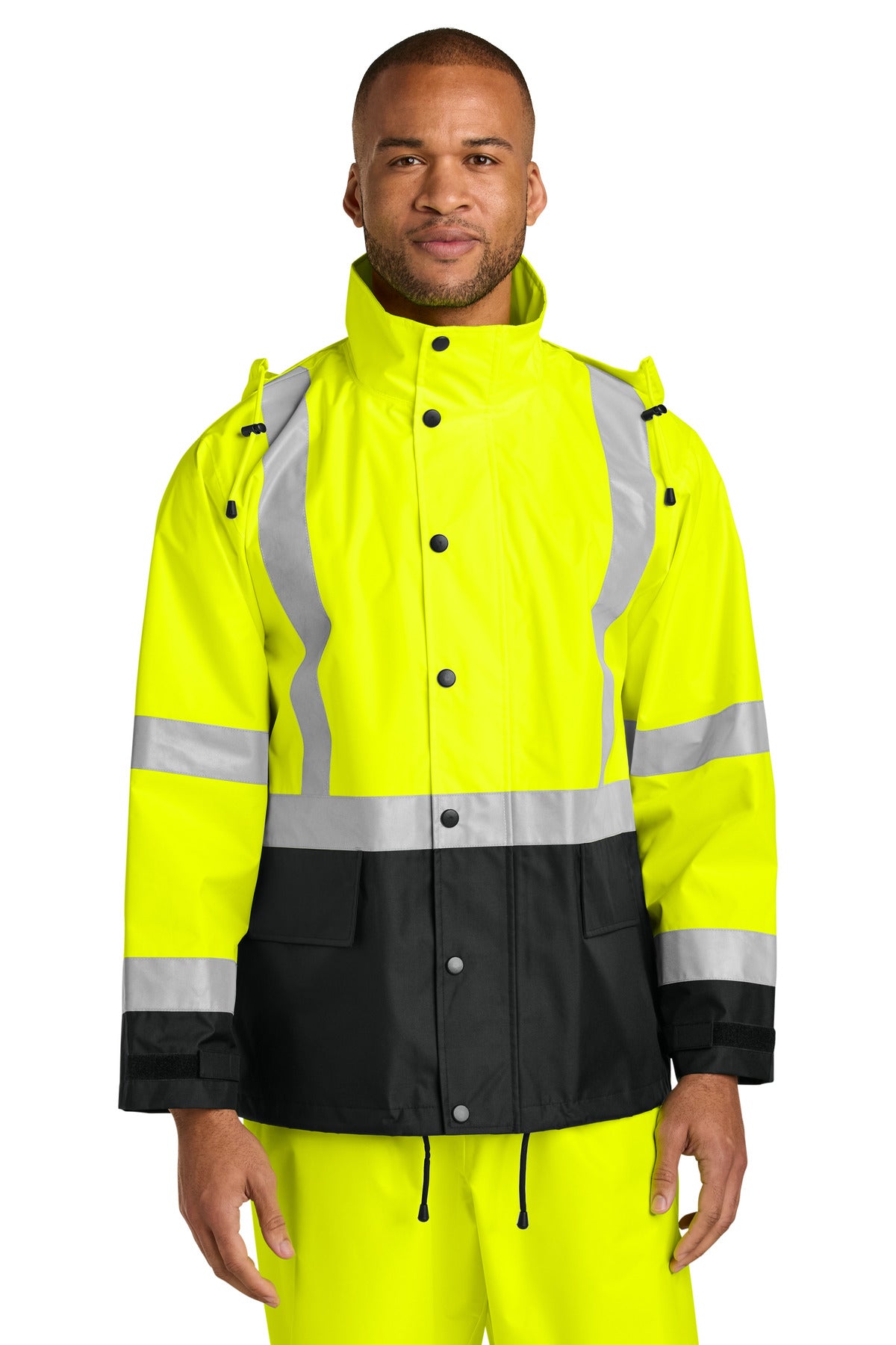 Custom Safety Yellow/ Black ANSI 107 Class 3 Rain Jacket CSJ504, personalized by SanCanDo Swag in Argyle, TX