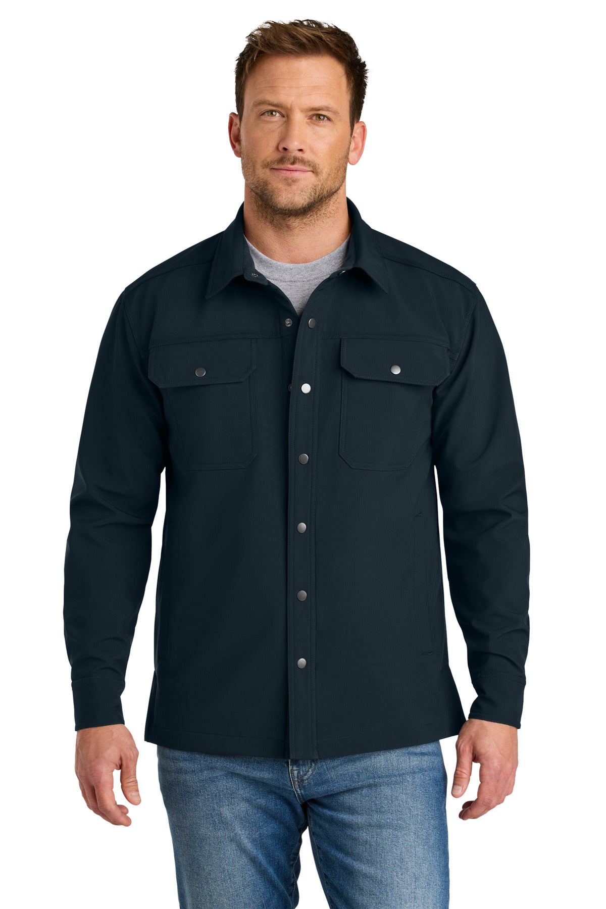 Custom Navy Soft Shell Shirt Jacket CSJ73, personalized by SanCanDo Swag in Argyle, TX