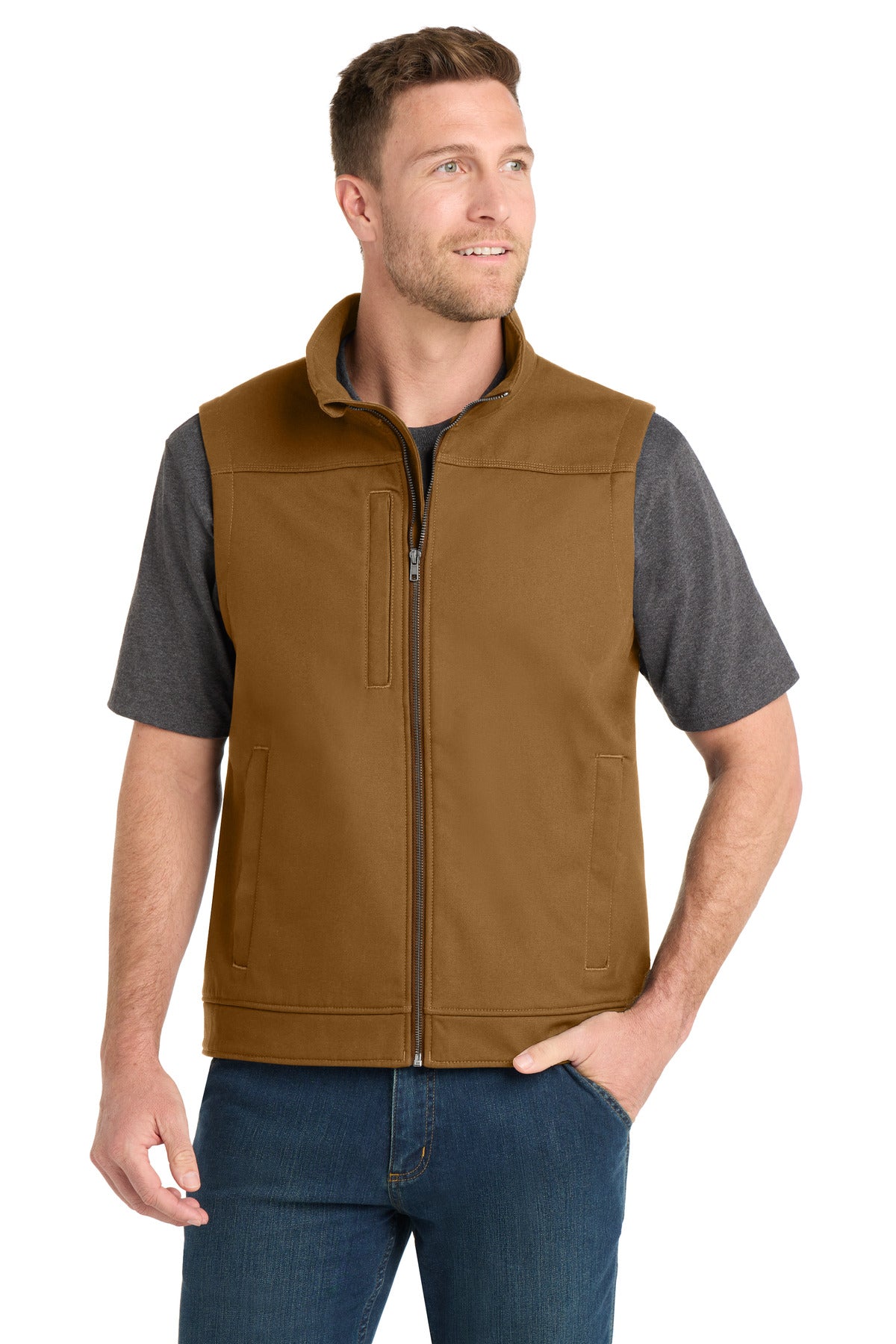 Custom Duck Brown Duck Bonded Soft Shell Vest CSV60, personalized by SanCanDo Swag in Argyle, TX