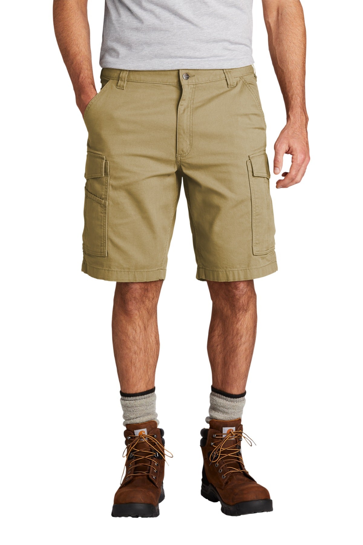 Custom Dark Khaki Rugged Flex Rigby Cargo Short CT103542, personalized by SanCanDo Swag in Argyle, TX