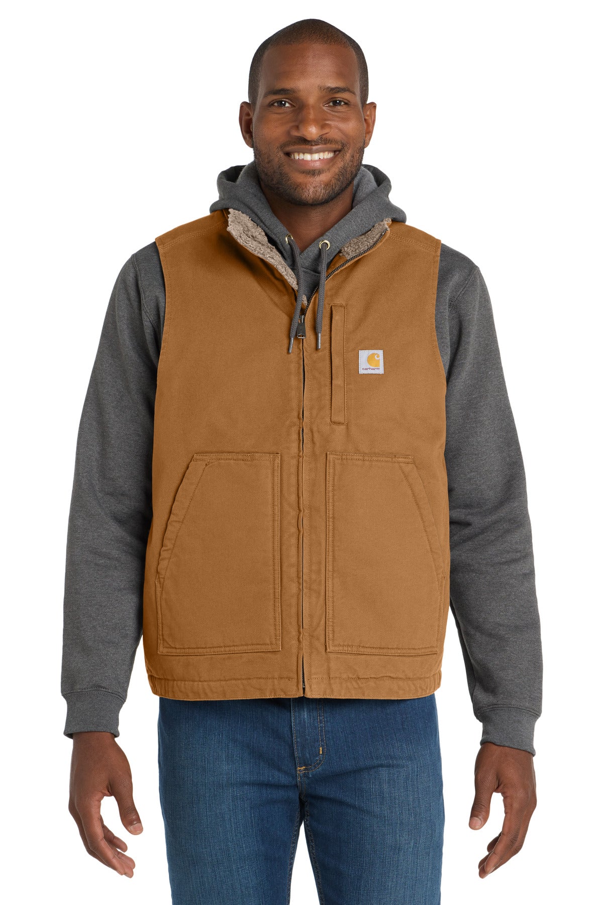 Custom Carhartt Brown Sherpa-Lined Mock Neck Vest CT104277, personalized by SanCanDo Swag in Argyle, TX