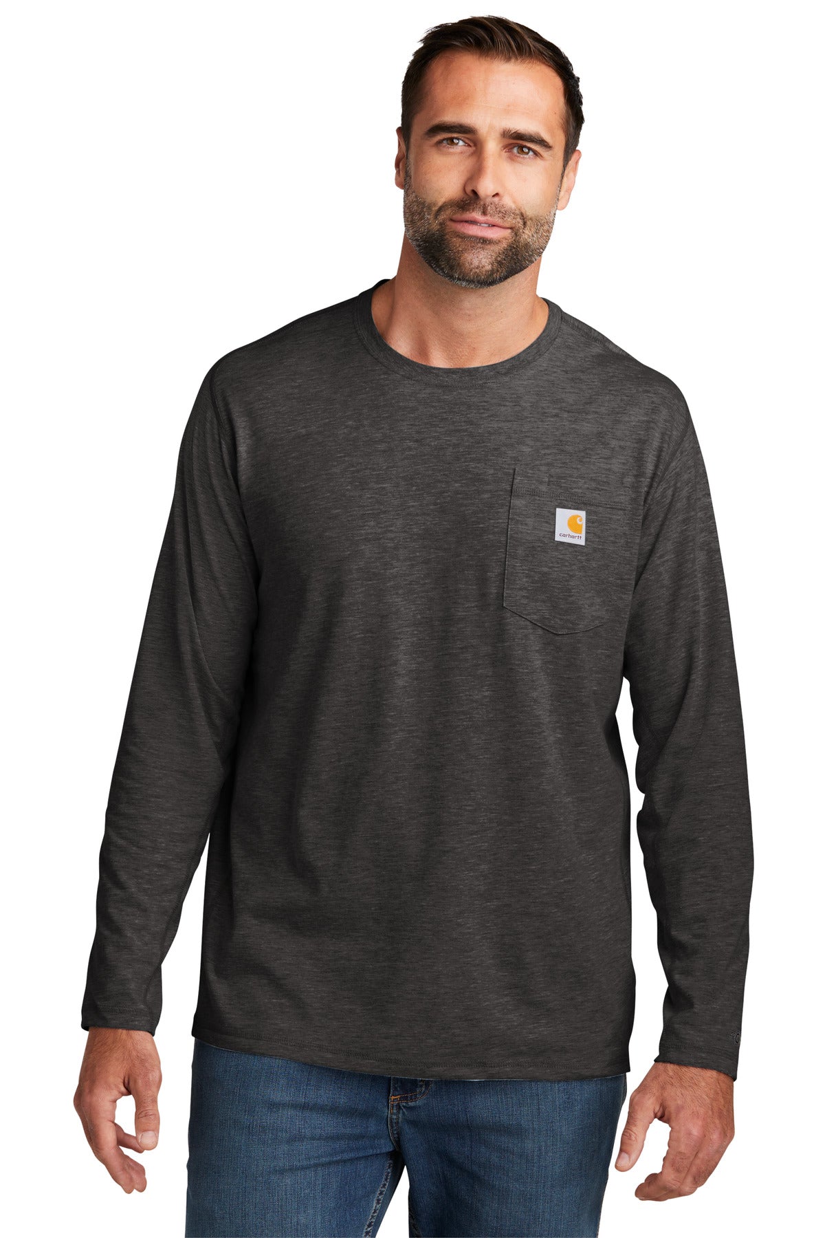 Custom Carbon Heather Long Sleeve Pocket Tee CT104617, personalized by SanCanDo Swag in Argyle, TX