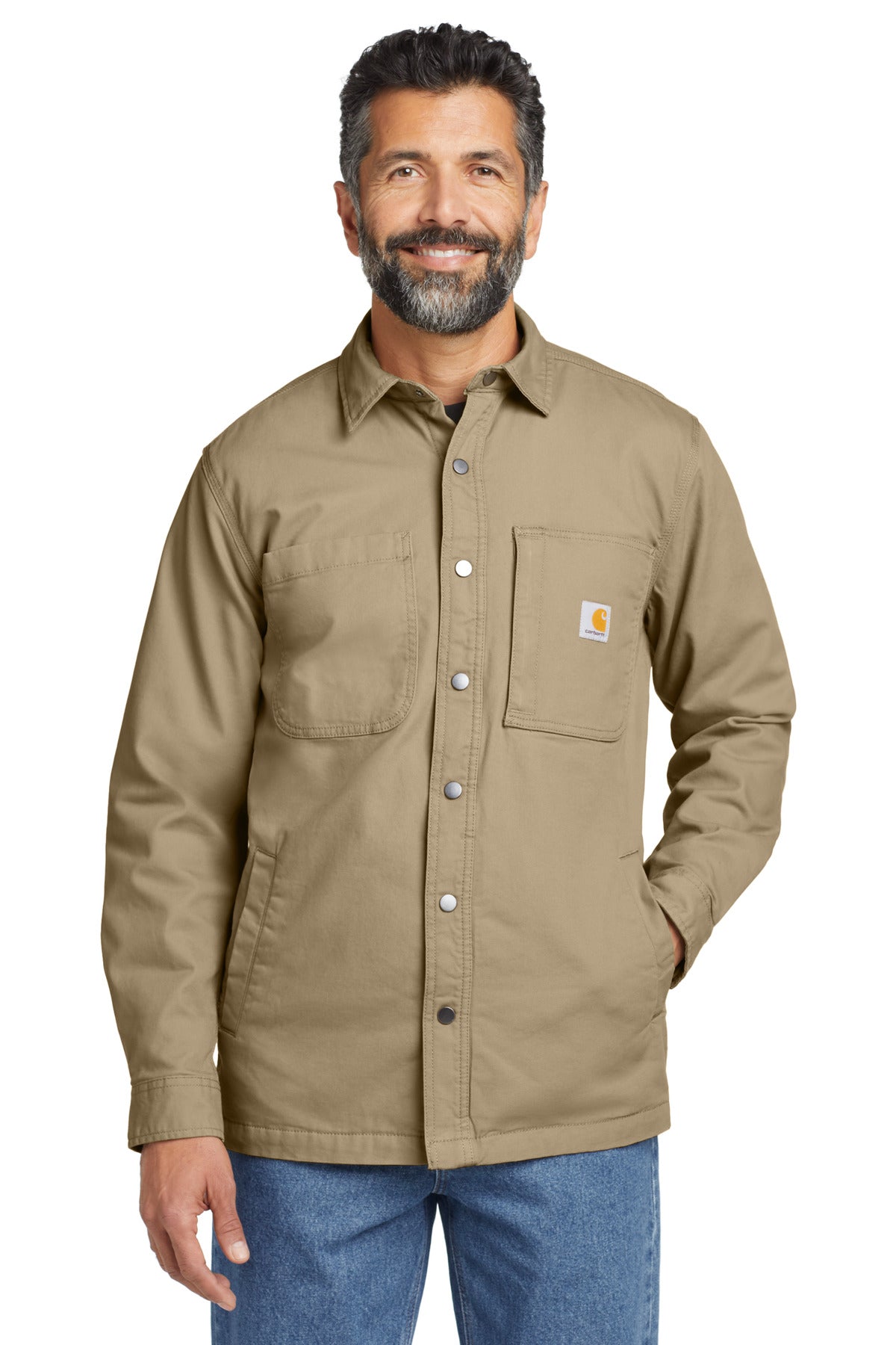Custom Dark Khaki Rugged Flex Fleece-Lined Shirt Jac CT105532, personalized by SanCanDo Swag in Argyle, TX