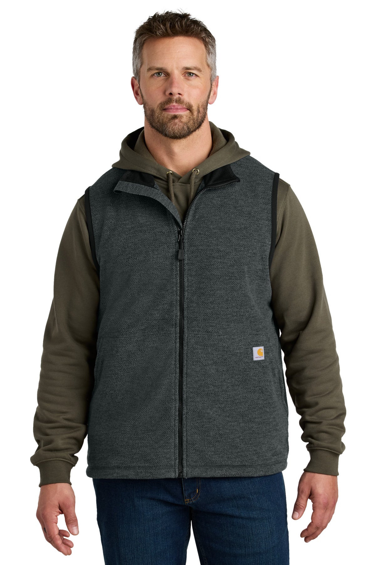Custom Carbon Heather Textured Fleece Vest CT106418, personalized by SanCanDo Swag in Argyle, TX