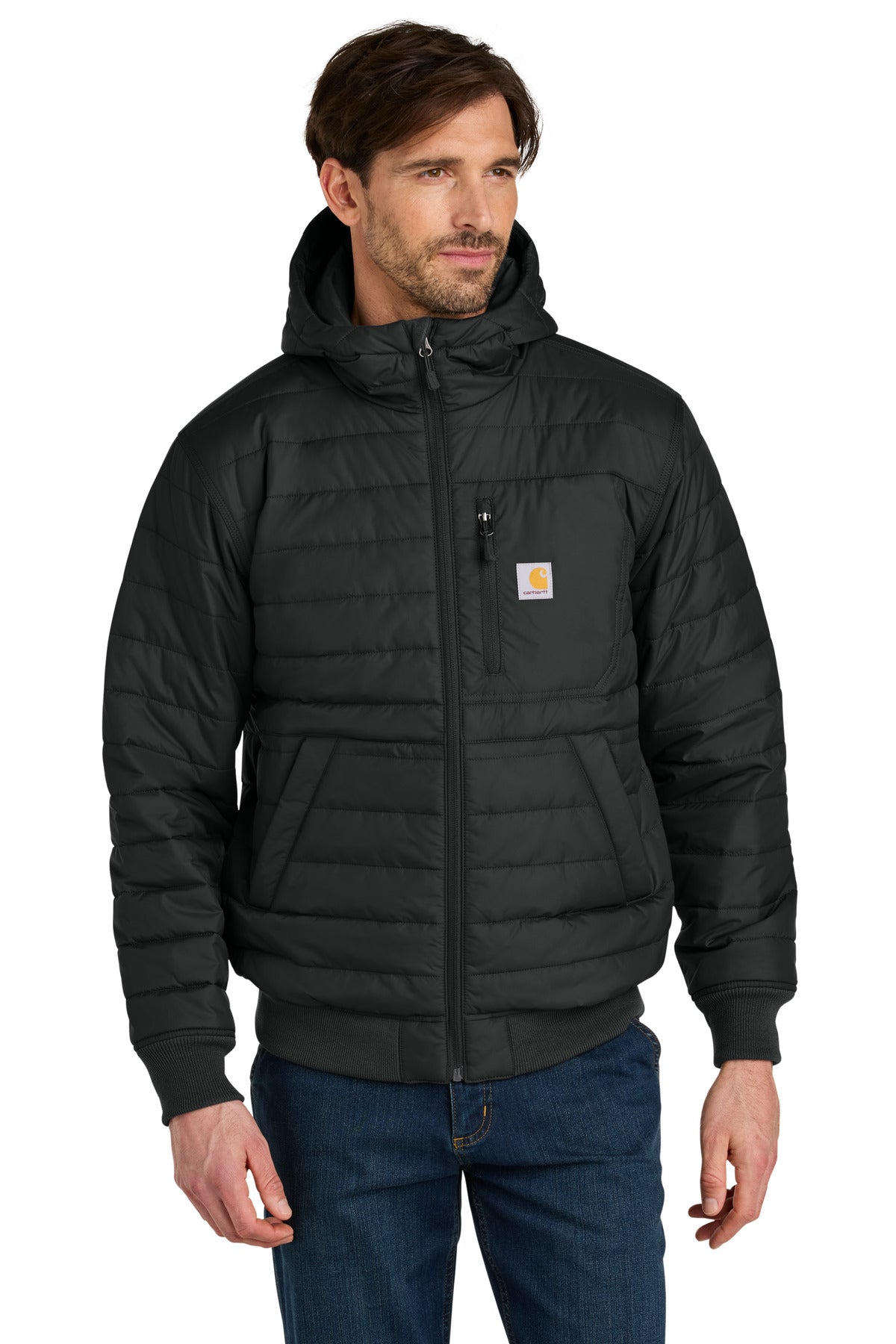 Custom Black Gilliam Insulated Hooded Jacket CT106543, personalized by SanCanDo Swag in Argyle, TX