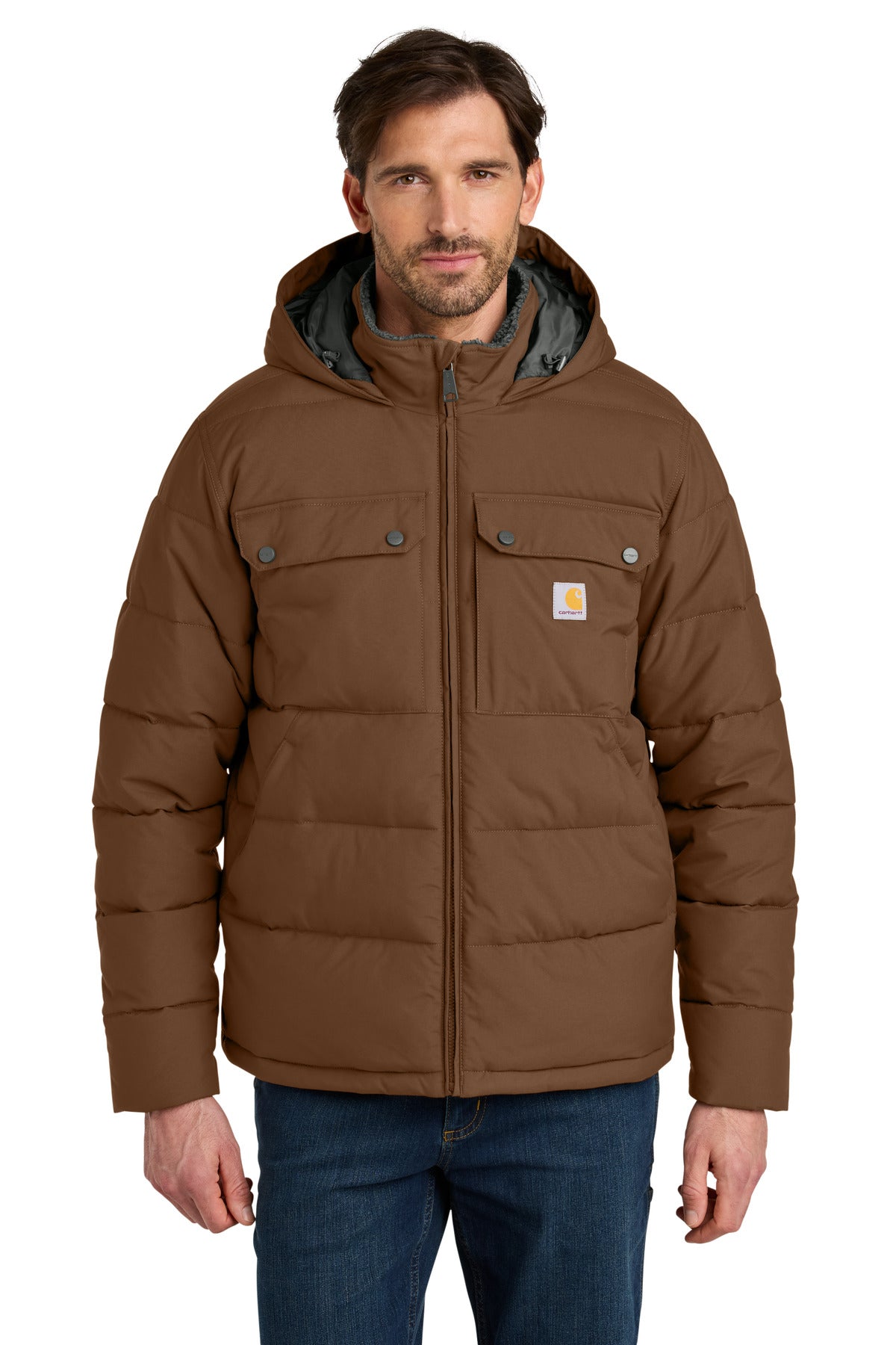 Custom Red Duck Brown Montana Insulated Hooded Jacket CT107082, personalized by SanCanDo Swag in Argyle, TX