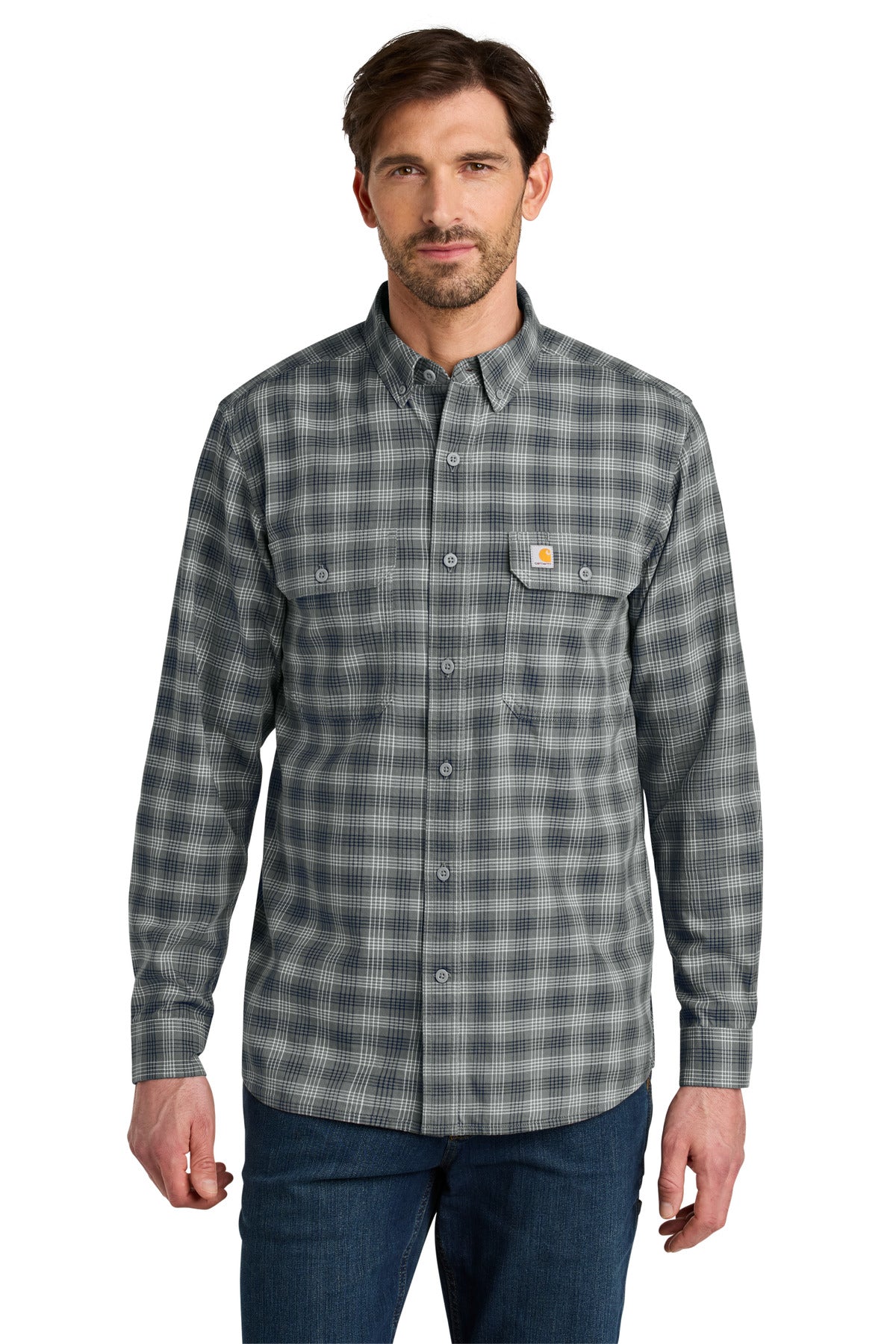 Custom Plaid Steel Navy Rugged Flex Plaid Long Sleeve Shirt CT107109, personalized by SanCanDo Swag in Argyle, TX
