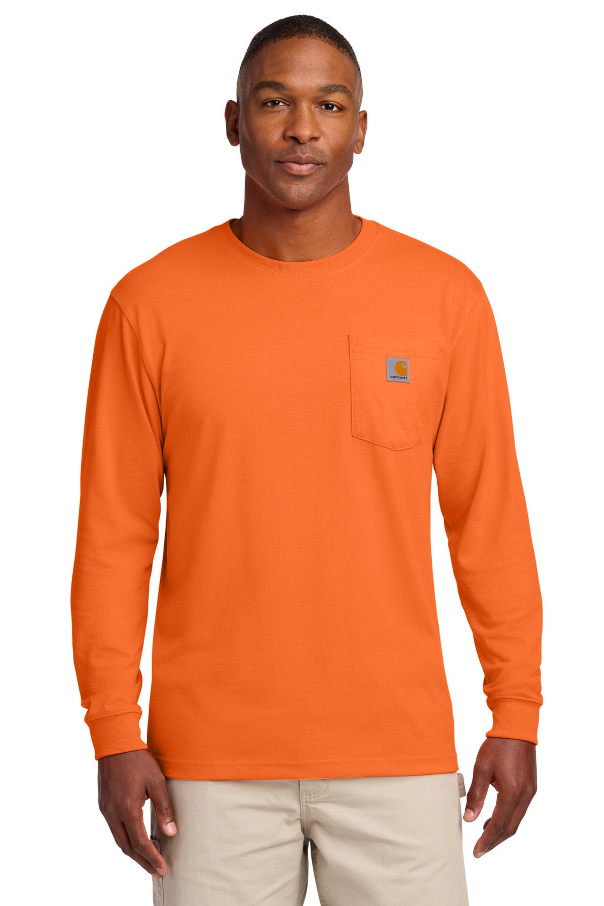 Custom Brite Orange Workwear Pocket Long Sleeve Tee CTK126, personalized by SanCanDo Swag in Argyle, TX