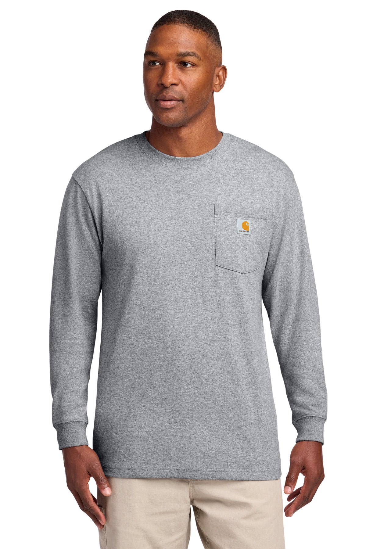 Custom Heather Grey Workwear Pocket Long Sleeve Tee CTK126, personalized by SanCanDo Swag in Argyle, TX