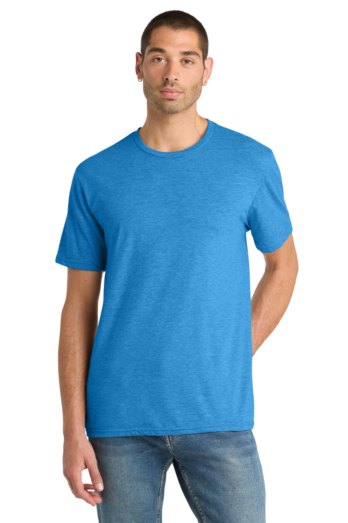 Custom Heathered Bright Turquoise Perfect Blend CVC Tee DM108, personalized by SanCanDo Swag in Argyle, TX