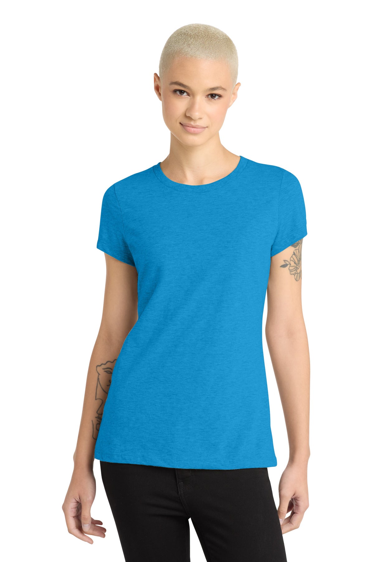 Custom Heathered Bright Turquoise Women's Perfect Blend CVC Tee DM108L, personalized by SanCanDo Swag in Argyle, TX
