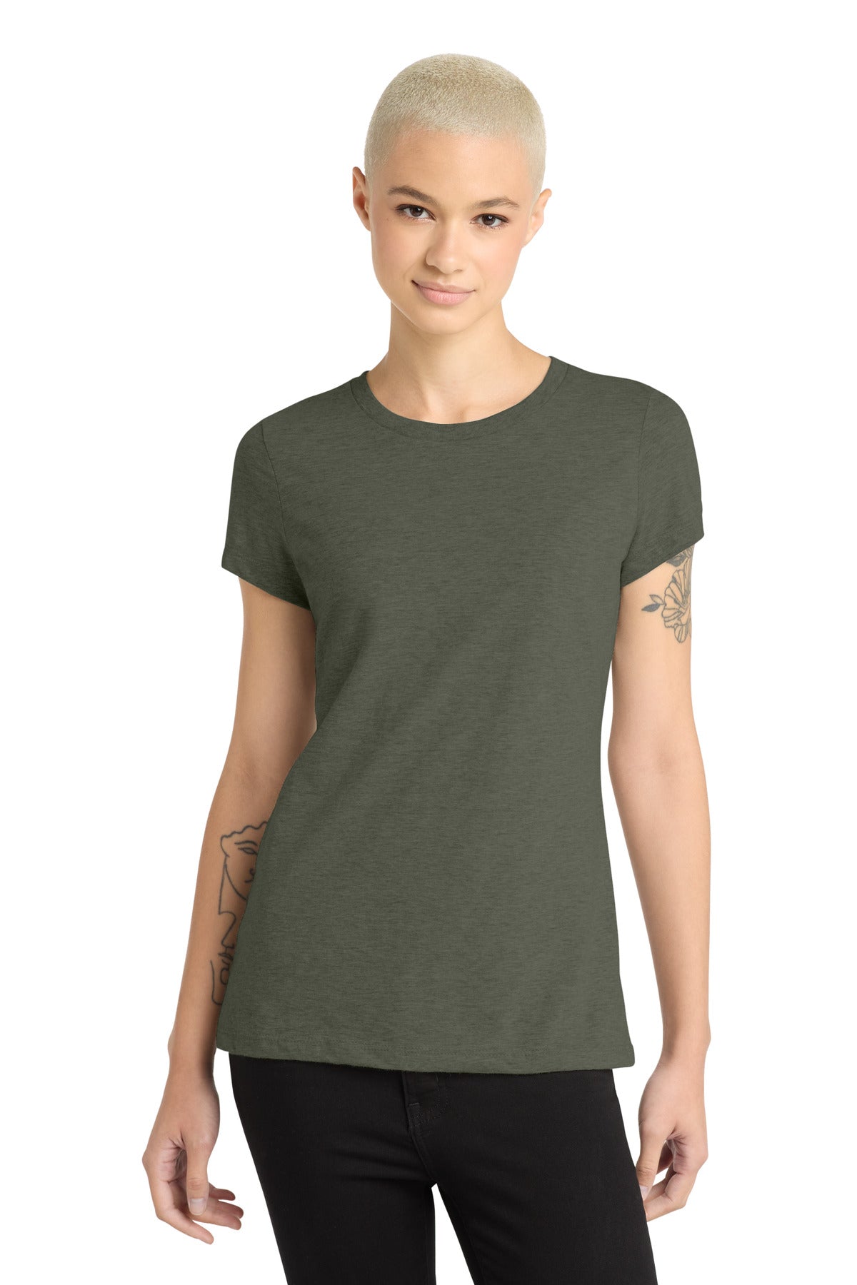 Custom Heathered Olive Women's Perfect Blend CVC Tee DM108L, personalized by SanCanDo Swag in Argyle, TX