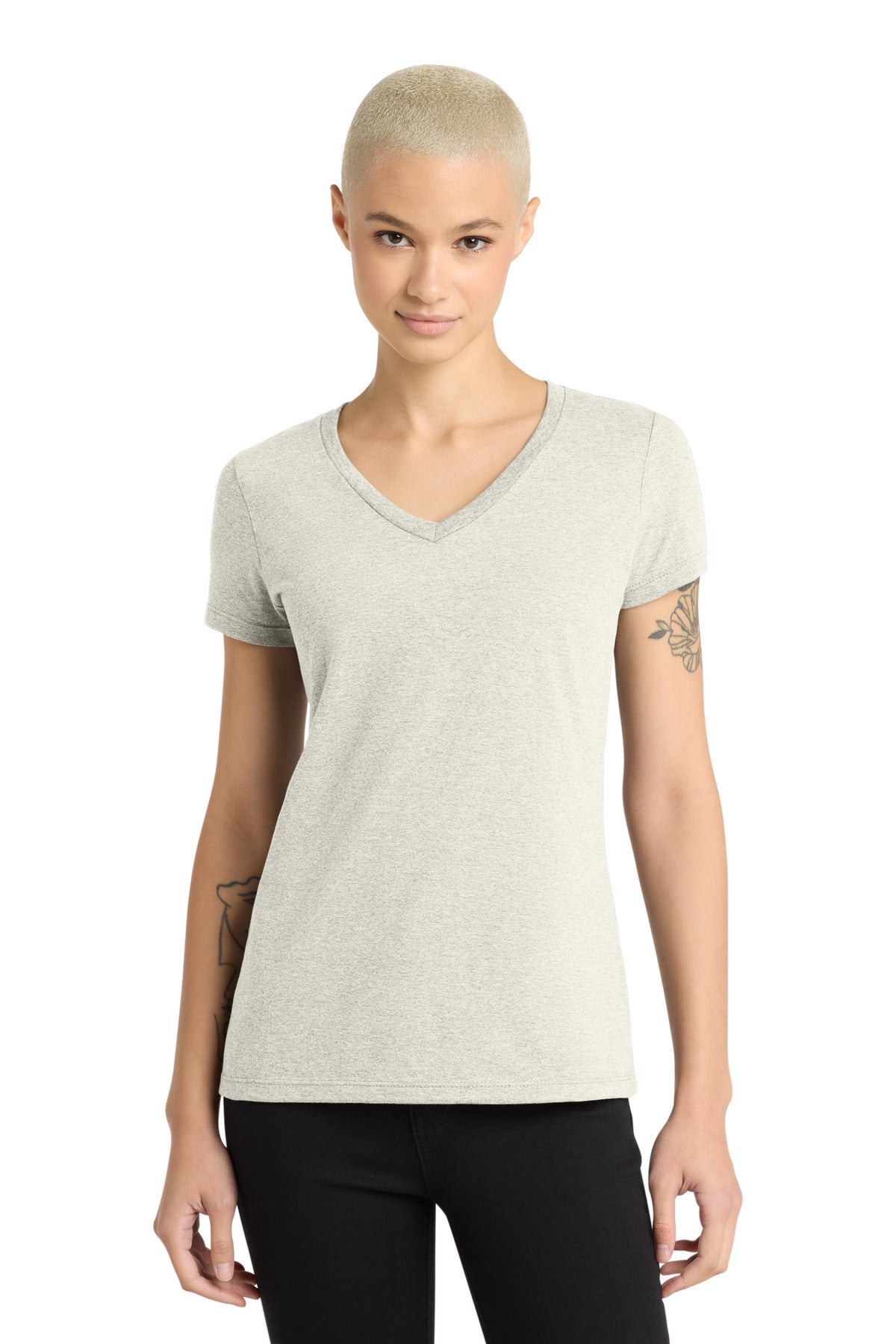 Custom Oatmeal Heather Women's Perfect Weight V-Neck Tee DM1170L, personalized by SanCanDo Swag in Argyle, TX