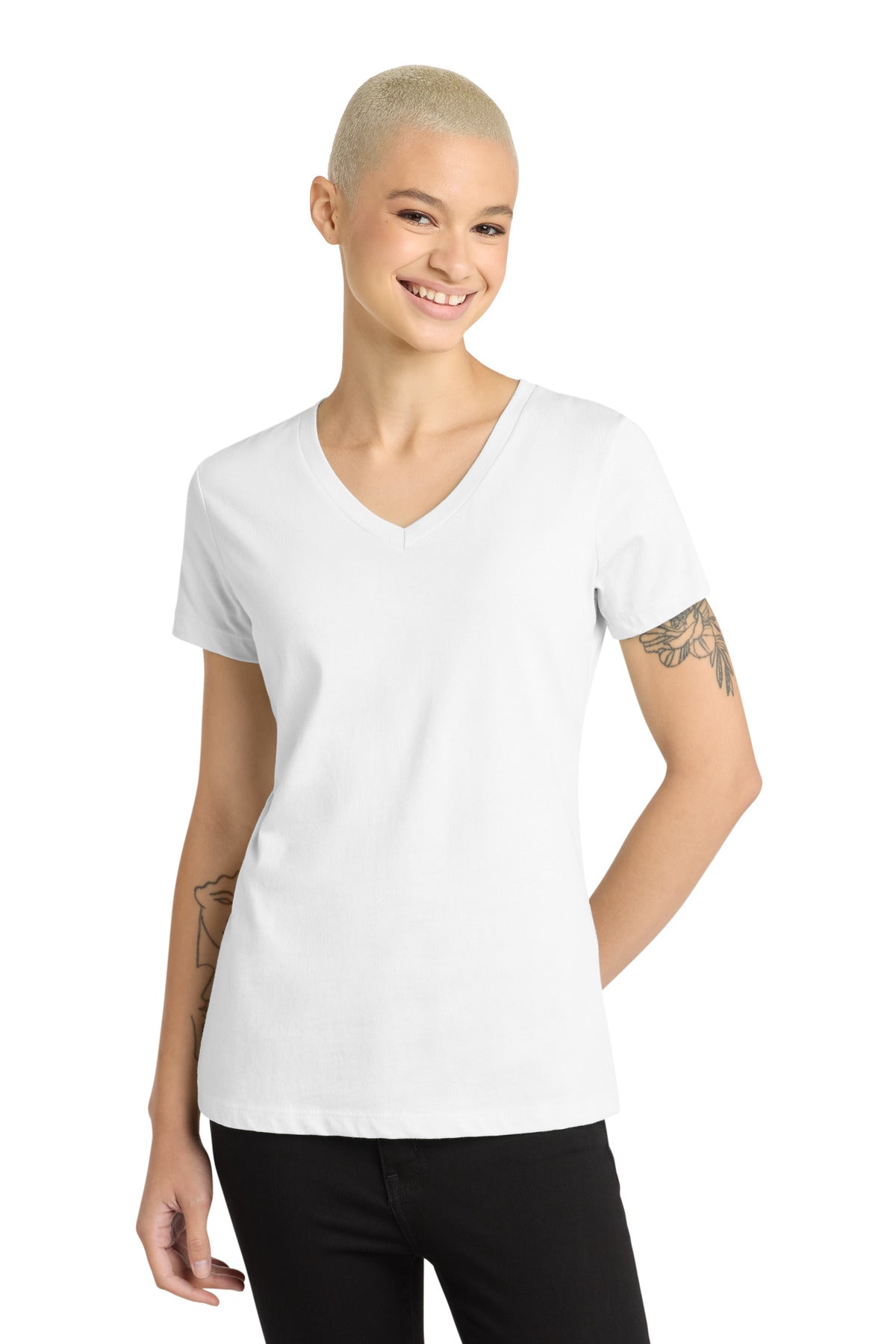 Custom Bright White Women's Perfect Weight V-Neck Tee DM1170L, personalized by SanCanDo Swag in Argyle, TX