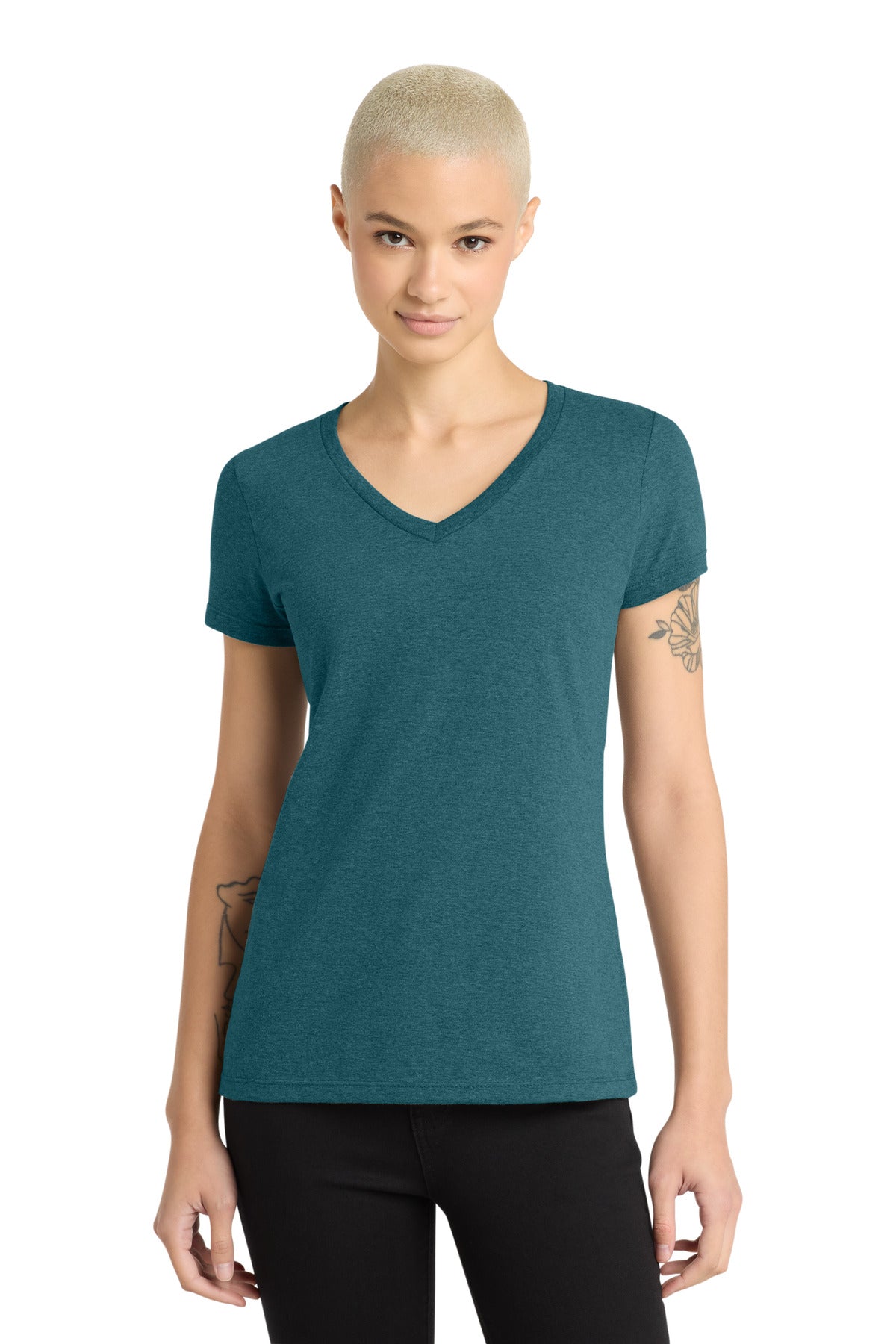Custom Caribbean Blue Heather Women's Perfect Weight V-Neck Tee DM1170L, personalized by SanCanDo Swag in Argyle, TX