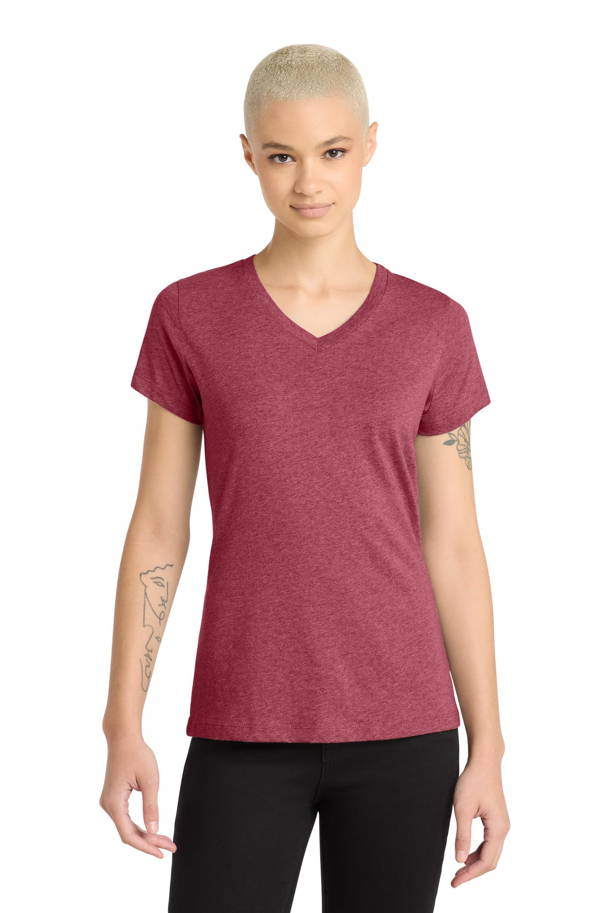 Custom Heathered Red Women's Perfect Blend CVC V-Neck Tee DM1190L, personalized by SanCanDo Swag in Argyle, TX