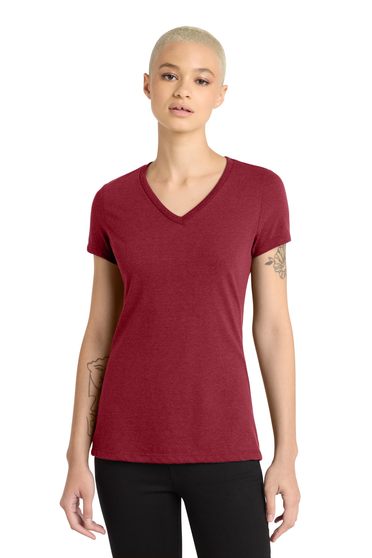 Custom Red Fleck Women's Perfect Blend CVC V-Neck Tee DM1190L, personalized by SanCanDo Swag in Argyle, TX